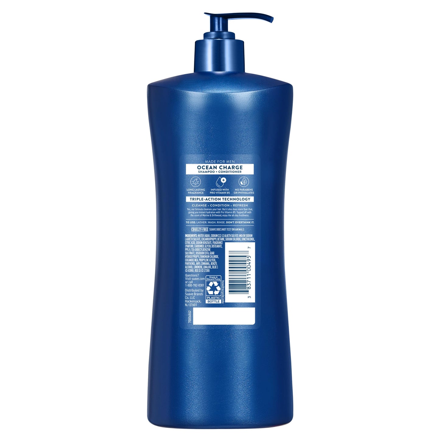 Suave Men Ocean Charge 2 in 1 Refreshing Shampoo & Conditioner with Pro Vitamin B5, Hydrates & Revitalizes Hair, Ocean Fresh Scent, 4 Count, 28 FL OZ Pump