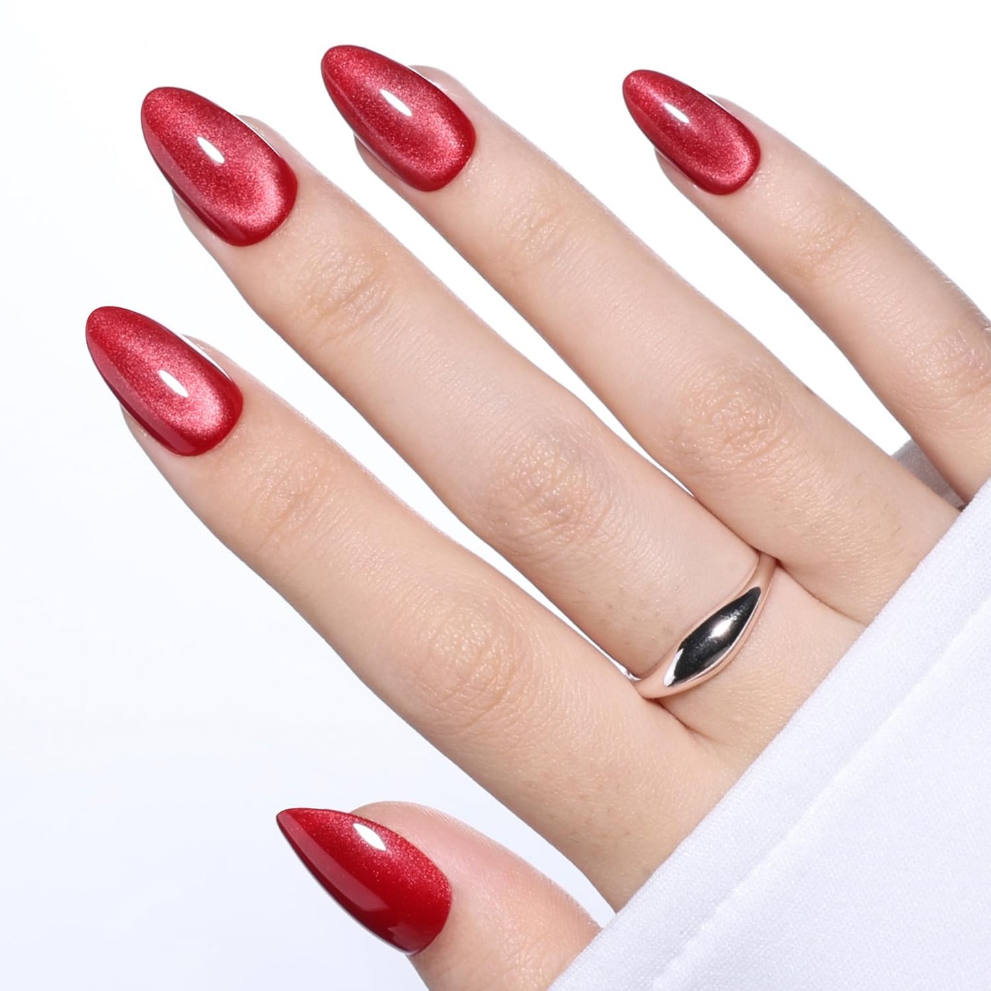 Red Cat Eye Press On Nails - Almond Short Reusable Fake Nails | 32pcs in 16 Sizes, Garnet Color