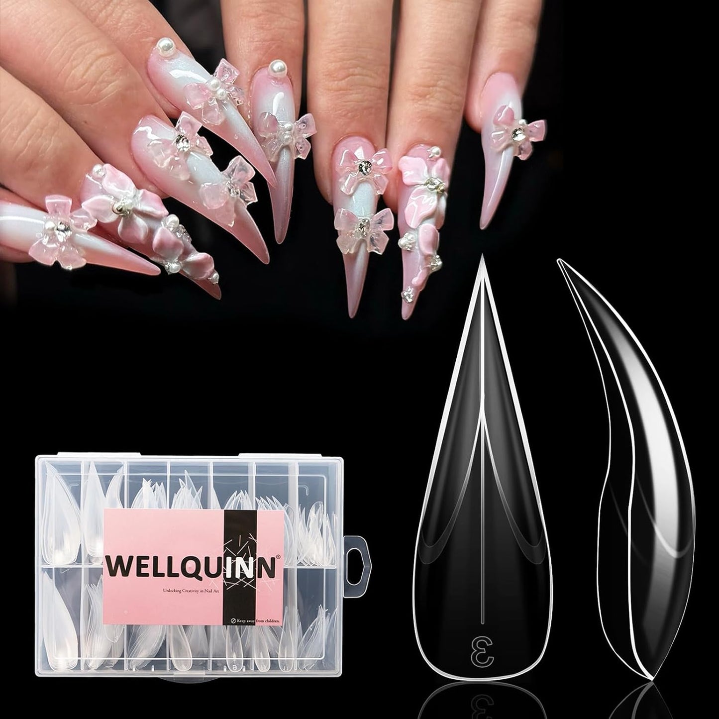 Long Curved Stiletto Nail Tips - 300 Pcs XXL Dragon Claw Full Cover Acrylic Nails | 15 Sizes for Nail Art Design