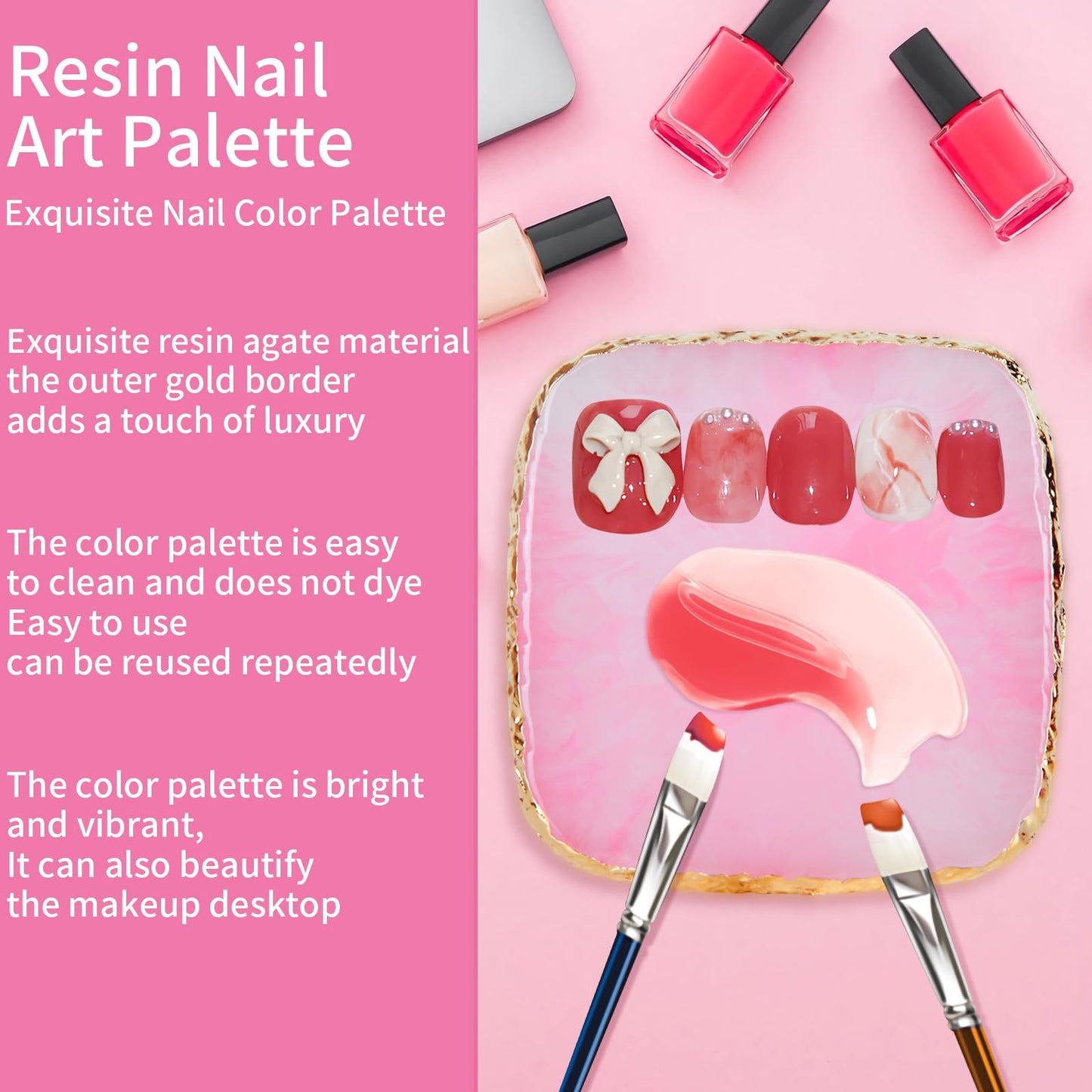 2 Pcs Resin Nail Art Palette,Gold Edge Nail Polish Palette(Pink Green)