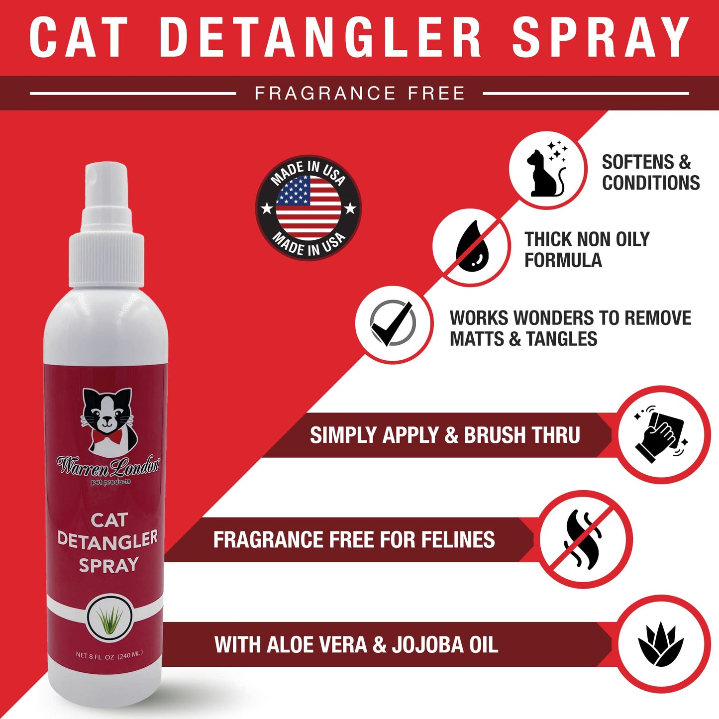 Warren London Cat Detangler Spray Bundle with Pin Brush for Matted Hair | Leave in Conditioner Pet Detangling Spray that Demattes & Refreshes | 8oz w/Pin Brush