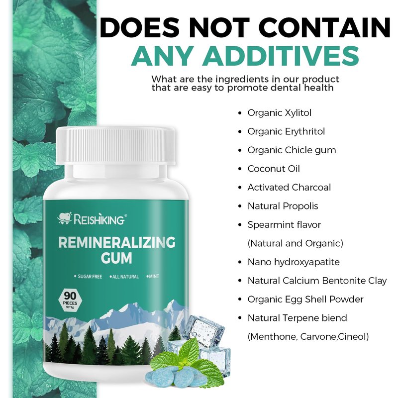 Remineralizing Gum, Containing Nano Hydroxyapatite, 90 Pieces, Teeth Remineralization, Sugar-Free Chewing Gum with Xylitol, Mint Flavor, Two pieces after meals to freshen breath and clean teeth (1pcs)