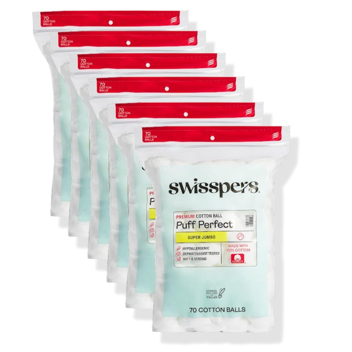 Swisspers Puff Perfect Jumbo Cotton Balls - 100% Natural Hypoallergenic Puffs for Skincare, Pets & Crafts | 70 Count, 6 Pack