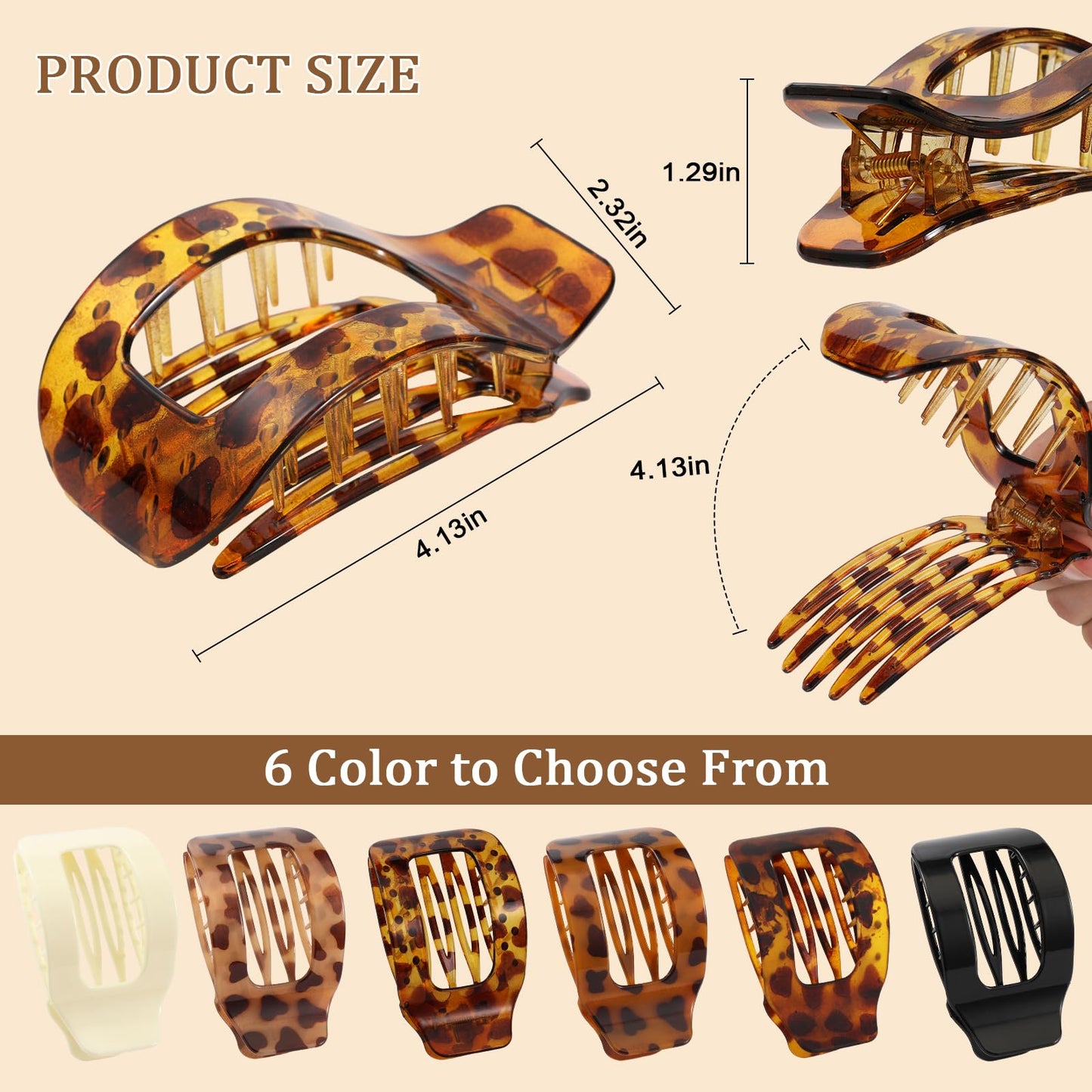 6 PCS Flat Hair Clips for Women, Large French Flat Claw Clips for Thick Thin & Curly Hair, Strong Hold Non Slip Leopard Print Jaw Clips Hair Accessories for Girls Valentine's Day Gifts, Tortoise