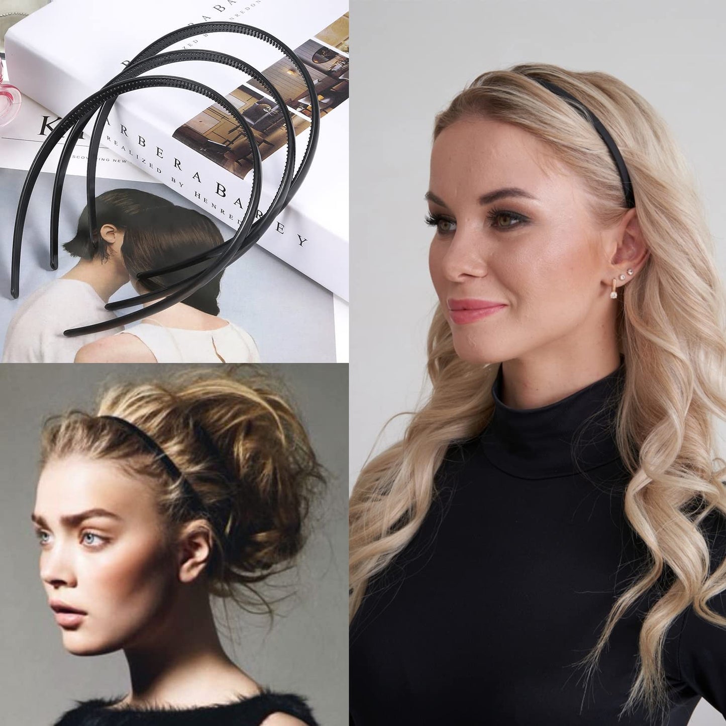 Effortless Black Plastic Headbands - 8 PCS No-Slip Hair Accessories for Women, Men & Teens