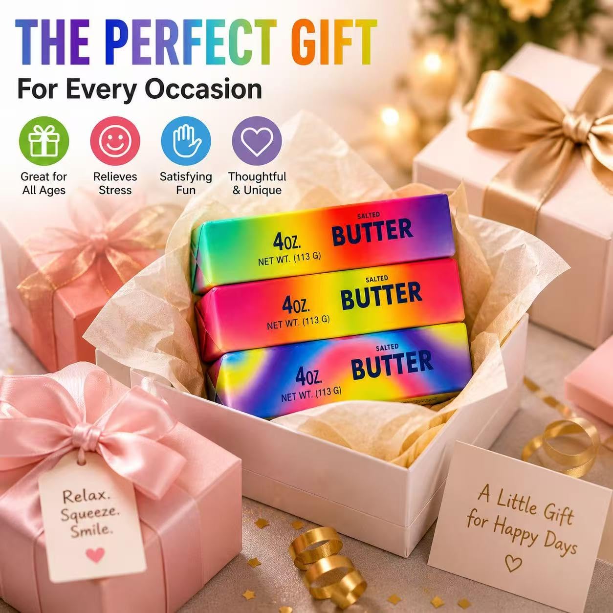 3PCS Butter Squishy Stress Toy,Soft Novelty Toy,Realistic Butter Stick Fidget, Slow Rising Soft Squeeze Toy for Adults Stress Relief & Anxiety Relief (Random 3 Dazzling Colors)