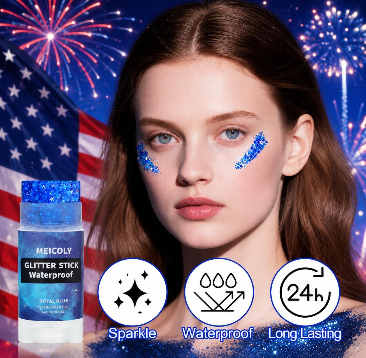 Royal Blue Face Hair Glitter Stick - 4th of July USA Flag Makeup | Waterproof Rave Accessory for Independence Day