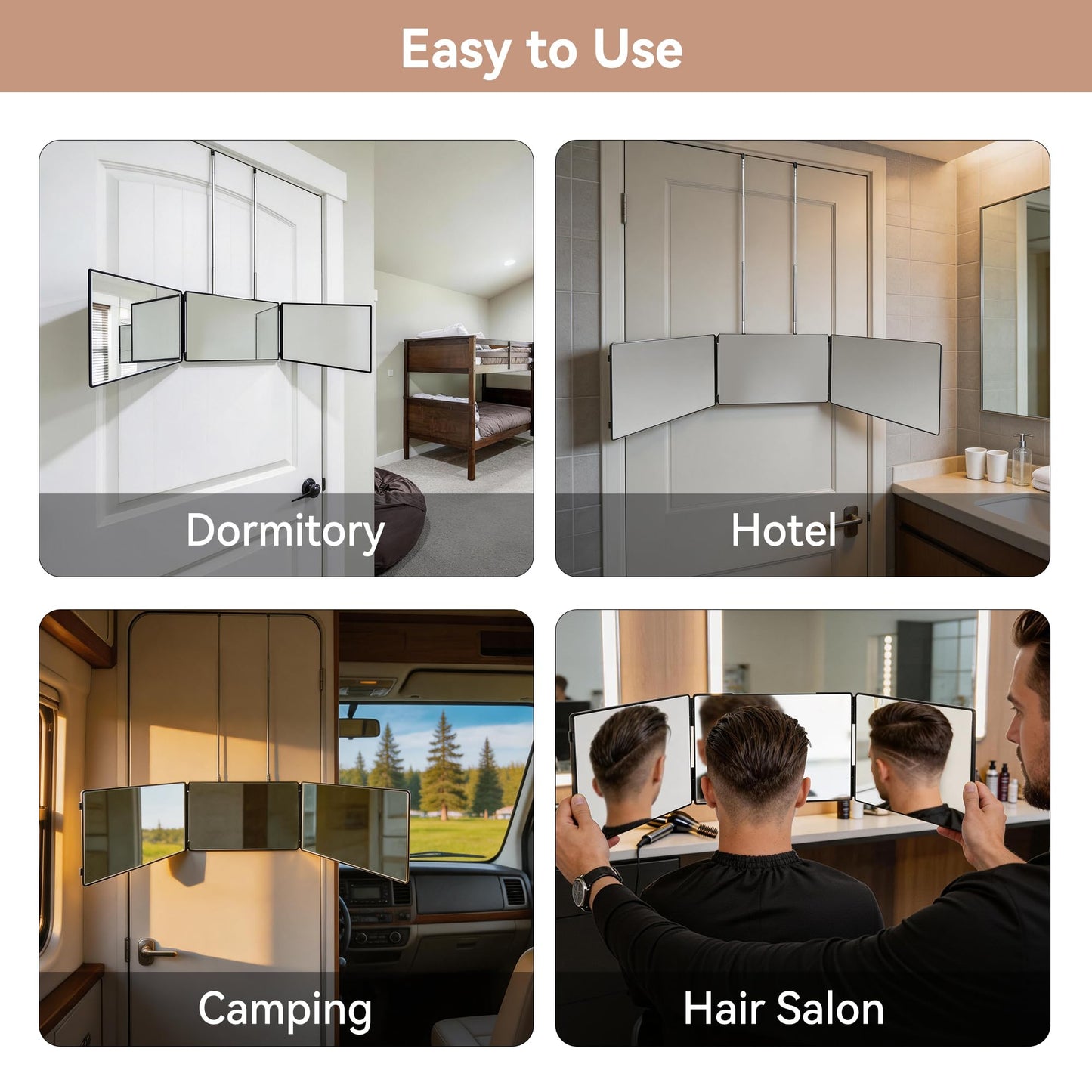 3 Way Mirror for Self Hair Cutting-360° Barber Self Cut Trifold Mirror to See Back of Head,Hangable & Foldable, Portable for Home & Travel Grooming, Braiding, Shaving & Makeup for Men Women (Black)