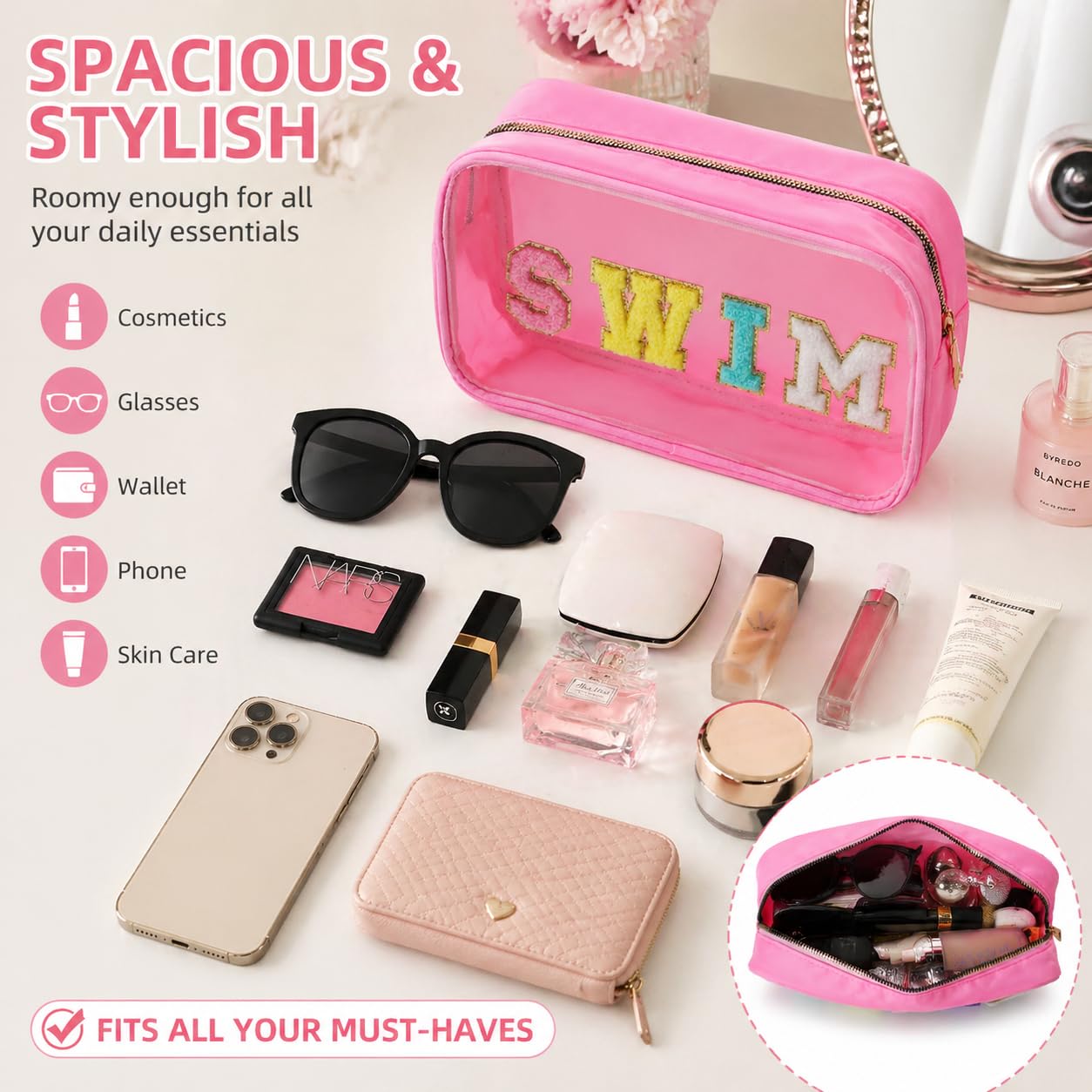TRIP TIGER Sunscreen SPF Makeup Bag with SWIM Chenille Letters, Waterproof Clear Pink Cosmetic Bags for Women, Sunblock Organizer for Pool, Swim Team, Beach Travel Toiletry Sun Pouch