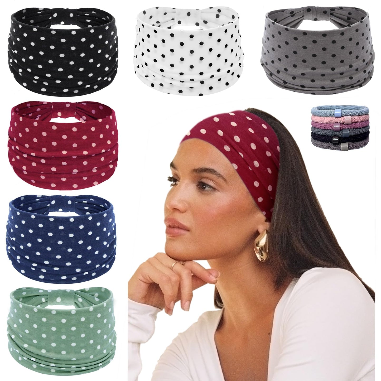 KU Wide Headbands for Women Non Slip 6 Pack Soft Elastic Hair Bands Sports Yoga Running Gym Workout Knotted Head Wraps, Cotton Cloth African Turbans Solid Color-With 6 Pcs Hair Ties
