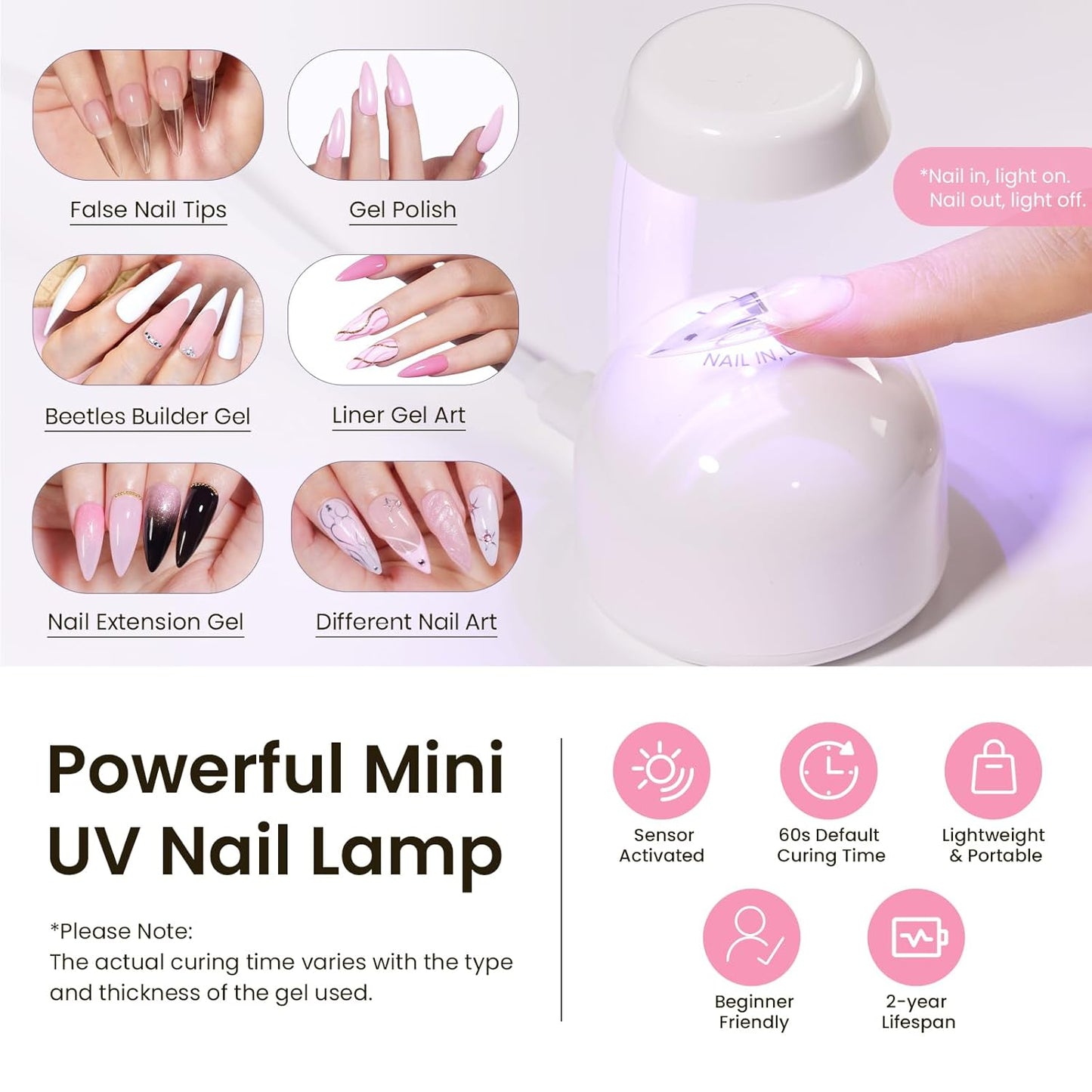 Apex Nail Tips Kit - Long Stiletto 224PCS | No Builder Gel Needed, Mini UV Lamp Included