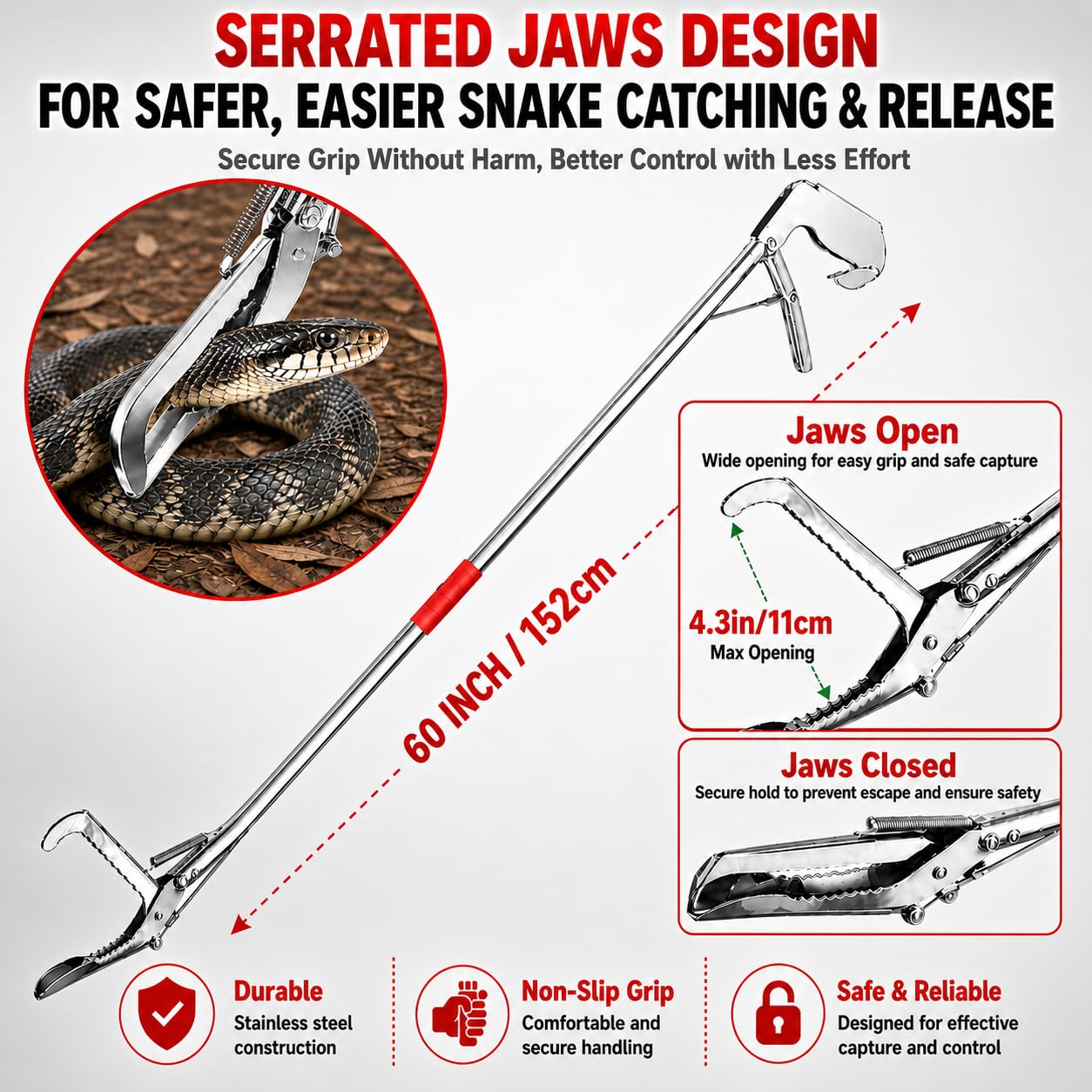 Uppernut 60" Snake Grabber, Collapsible Snake Tongs All-Stainless Steel, Humane Rattle Snake Reptile Catcher Pincher, Smooth Wide Jaw Hangling Tool with Lock