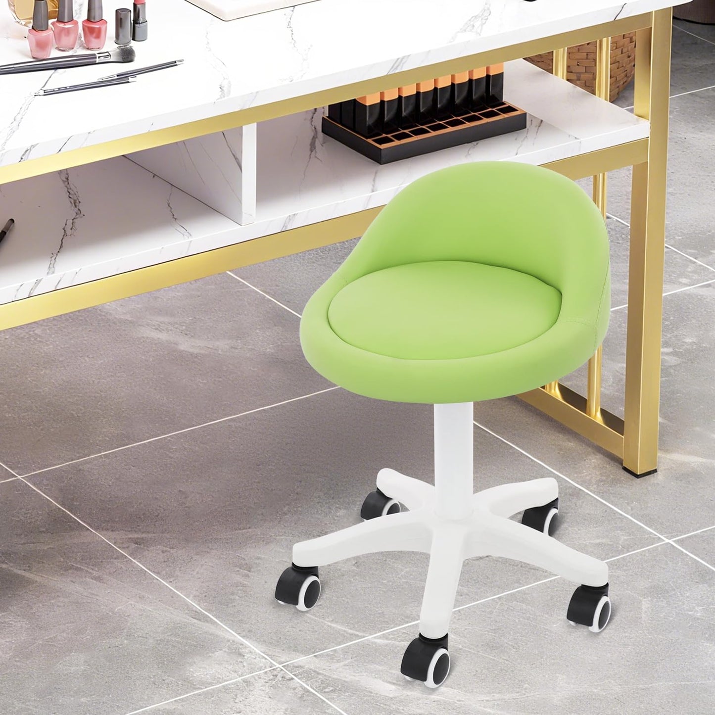 Titunjian Rolling Stool Chair with Backrest Round PU Leather Swivel Salon Stool Adjustable Height Drafting Tattoo Office Chair for Spa Salon Tattoo Massage Dental Office (Green)