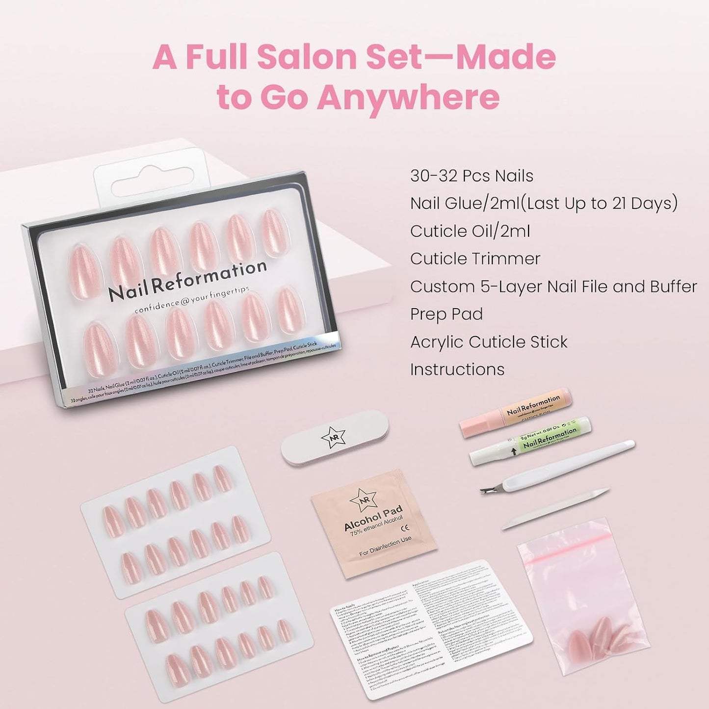 Press On Nails - Soft Pink Short Almond Velvet Cat Eye | Reusable Salon Quality 32 Nail Kit with Glue, 16 Sizes