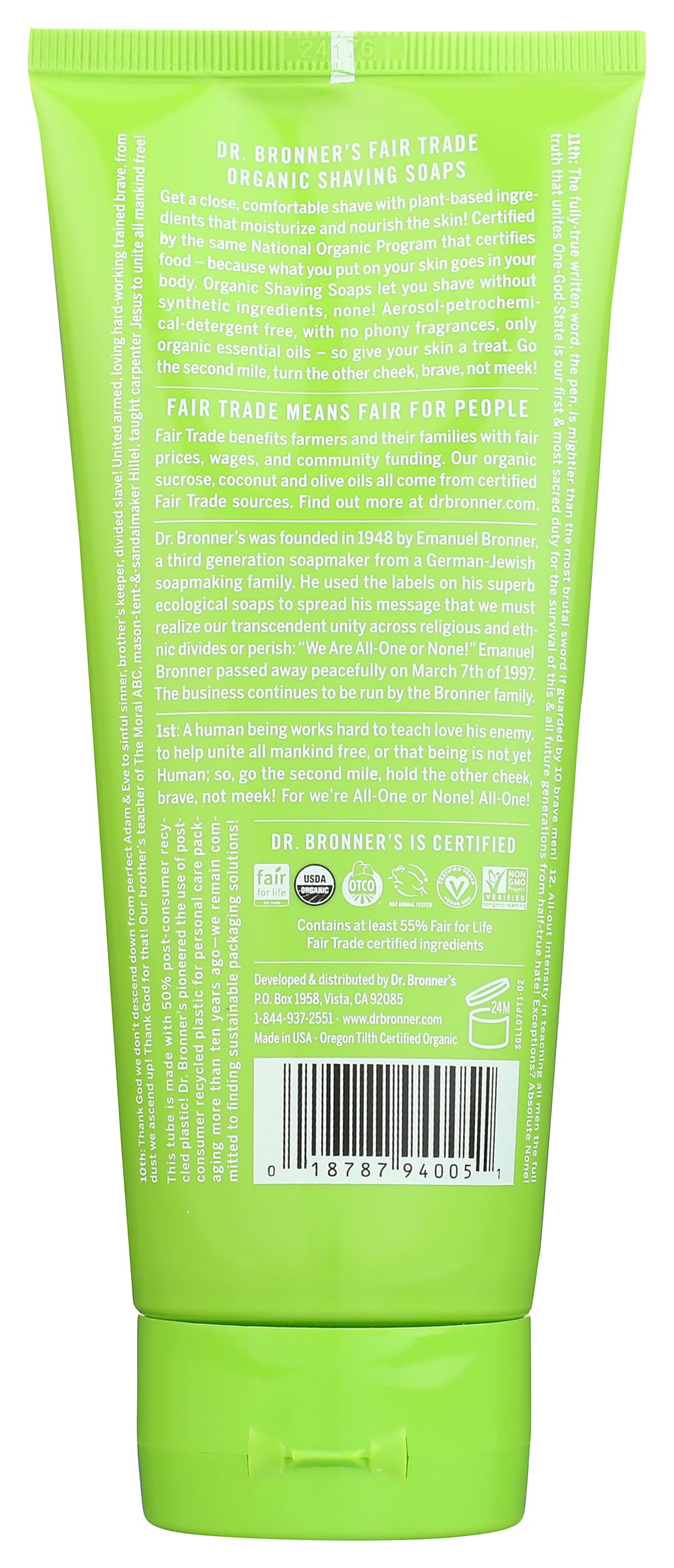 Dr Bronners, Shave Gel Lemongrasss Lime Organic, 7 Fl Oz
