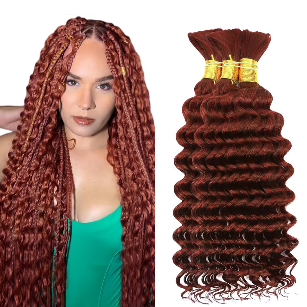 #33 Human Braiding Hair For Boho Braids Reddish Brown Human Braiding Hair Knotless 12A Deep Wave Bulk Bohemian Copper Red Braids 3 Bundles/Pack 150g 12 12 12 Inch