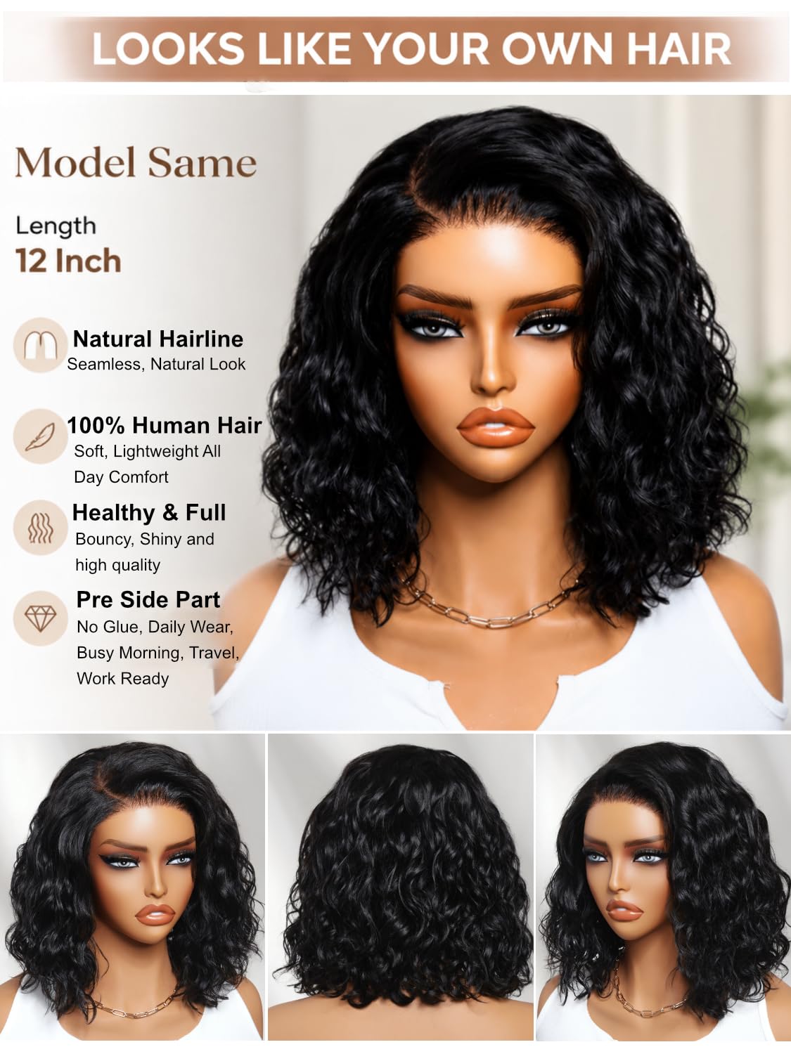 UNICE Bye Bye Slip Water Wave Bob Wig Human Hair, C Side Part 6x4 Glueless Lace Closure Wig, Pre-Plucked & Pre-Cut, 220% Density, Drawstring, Beginner Friendly for Black Women 14 Inch