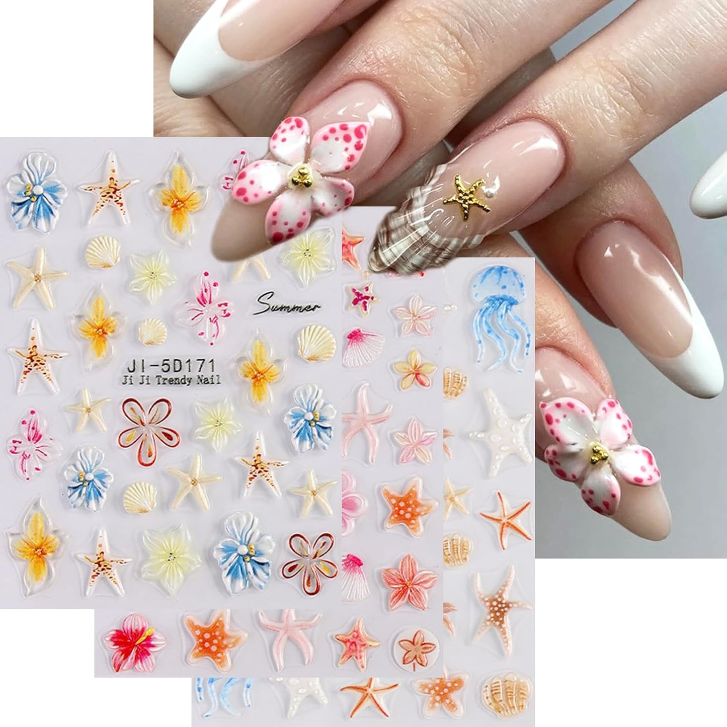 5D Embossed Beach Nail Stickers - Ocean-Themed White & Gold Shell & Starfish Designs | 2PCS Self-Adhesive Nail Art for Summer Manicure