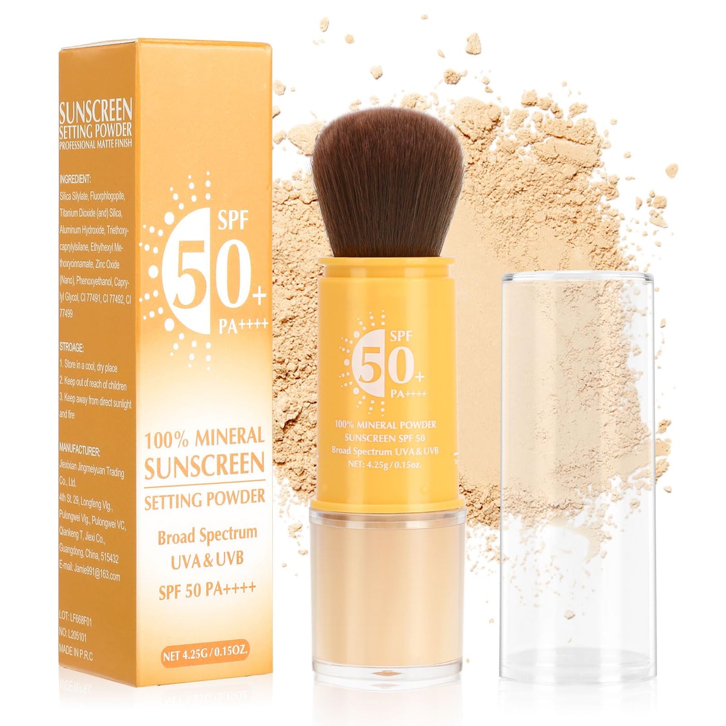 2PCS Mineral Powder Sunscreen Setting Makeup, SPF 50, Brush On Sunscreen Powder for Face & Scalp & Hair, Oil Control Matte Finishing Loose Makeup, Long Lasting Lightweight Breathable(01#+02#)