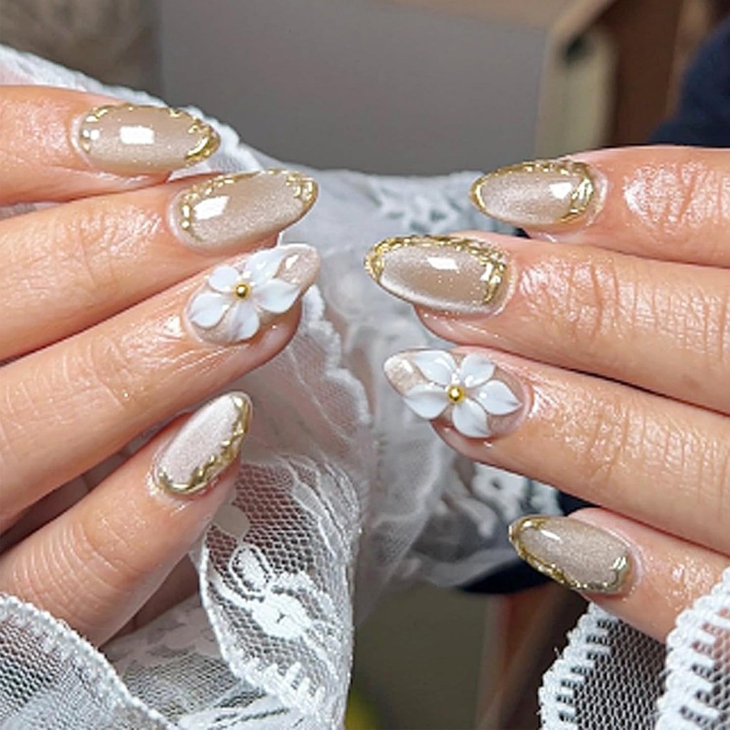 Flower Press On Nails - 24Pcs Short Almond Acrylic Set with 3D Pearl Floral & Gold Chrome Design | Glossy Pink Full Cover