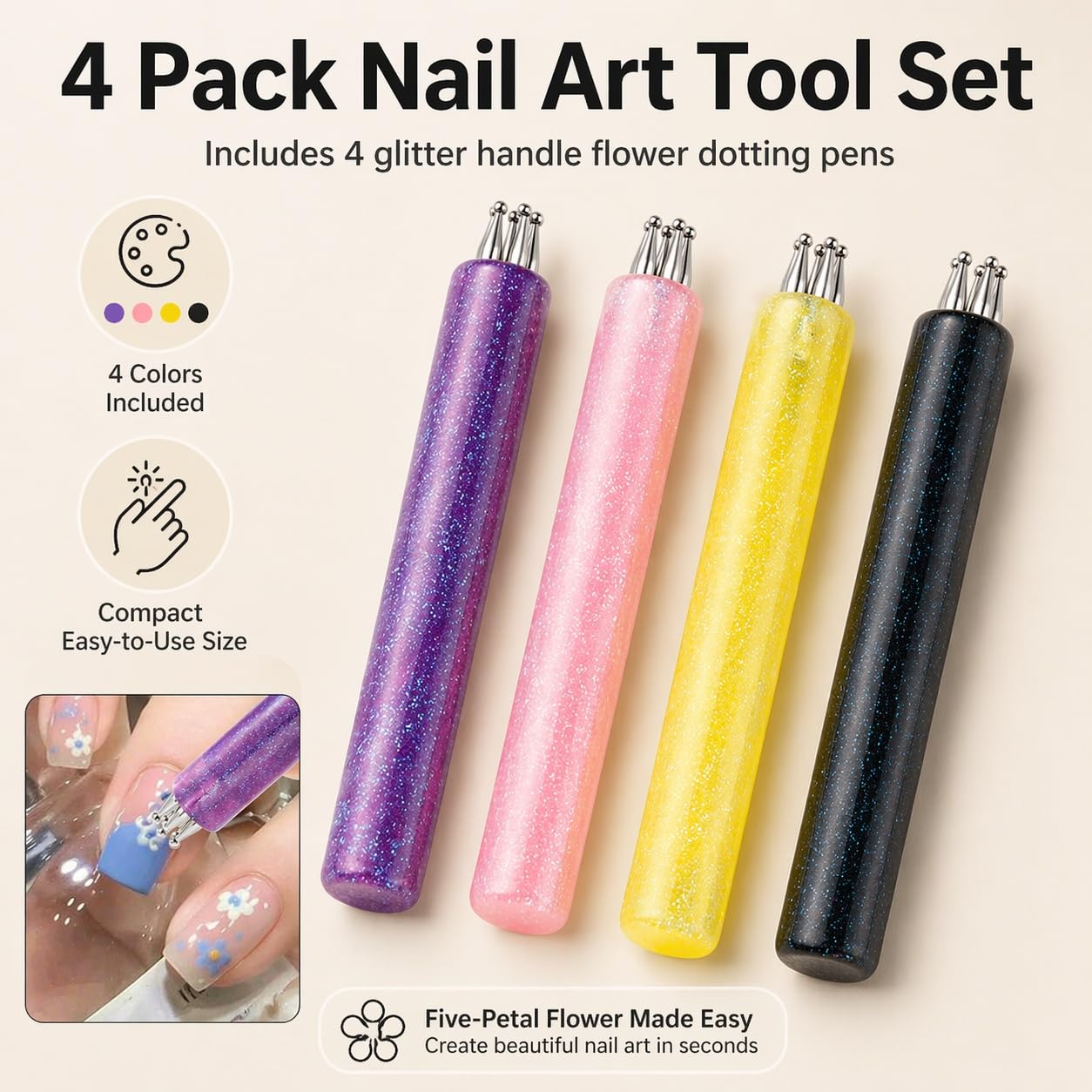 4 Pack 5 Petal Flower Nail Dotting Pen, 1.8mm Fine Tip One Stroke Flower Design Tool, Glitter Handle Nail Art Dotting Tool for DIY Manicure, Rhinestones, Sculpting, Salon