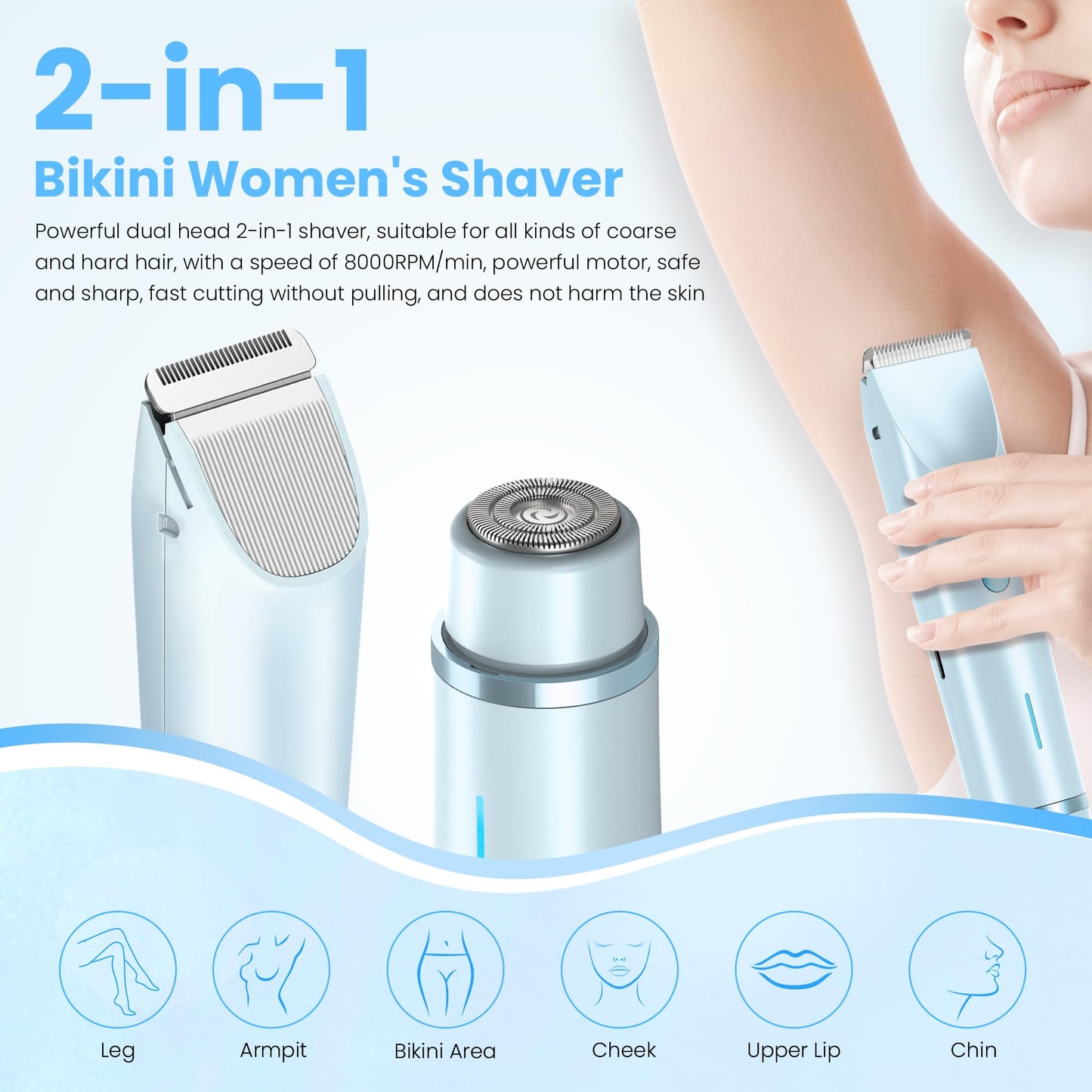 YZDJQX Bikini Trimmer for Women-2 in 1 Dual Head Electric Razors,IPX7 Waterproof Bikini Electric Shaver,Dry & Wet Use Painless Bikini Shaver,Pubic Hair Trimmer for Private Area & Body Hair,Blue