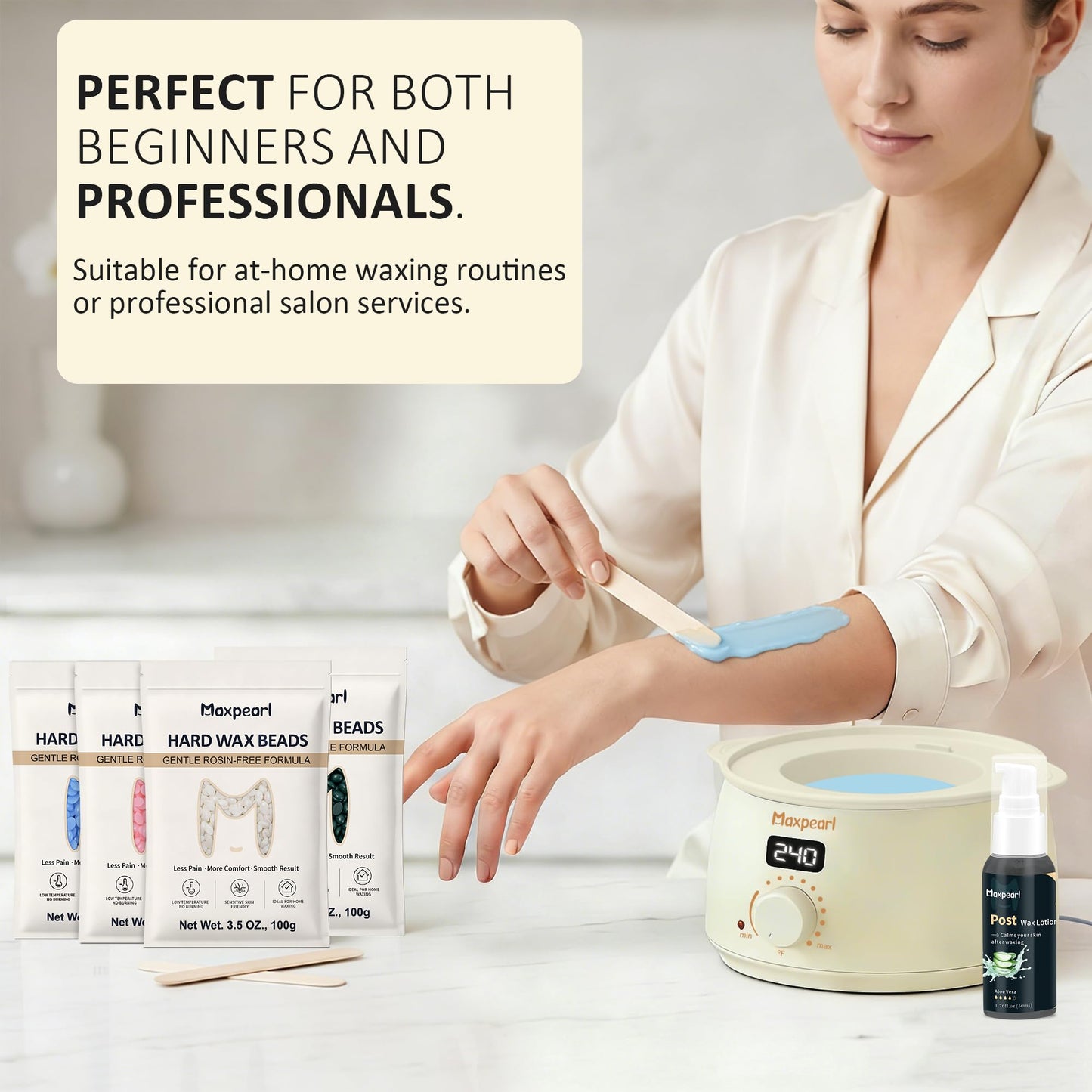 Maxpearl Wax Kit for Women Men, Hair Removal Waxing Kit with Hard Wax Beans for Coarse Hair Bikini Eyebrow, Cream White Waxing Beads Refills for Wax Warmer