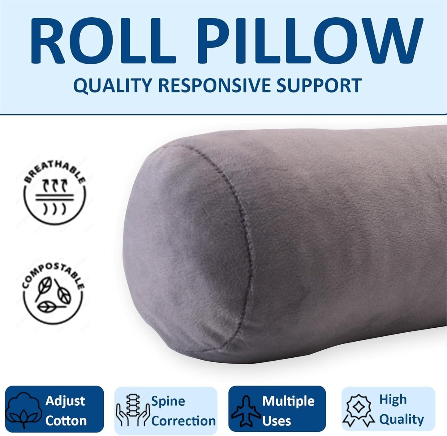 Cervical Neck Roll Pillow - Comfortable Support for Sleeping | Large Bolster Pillow for Bed, Legs & Yoga (Grey)