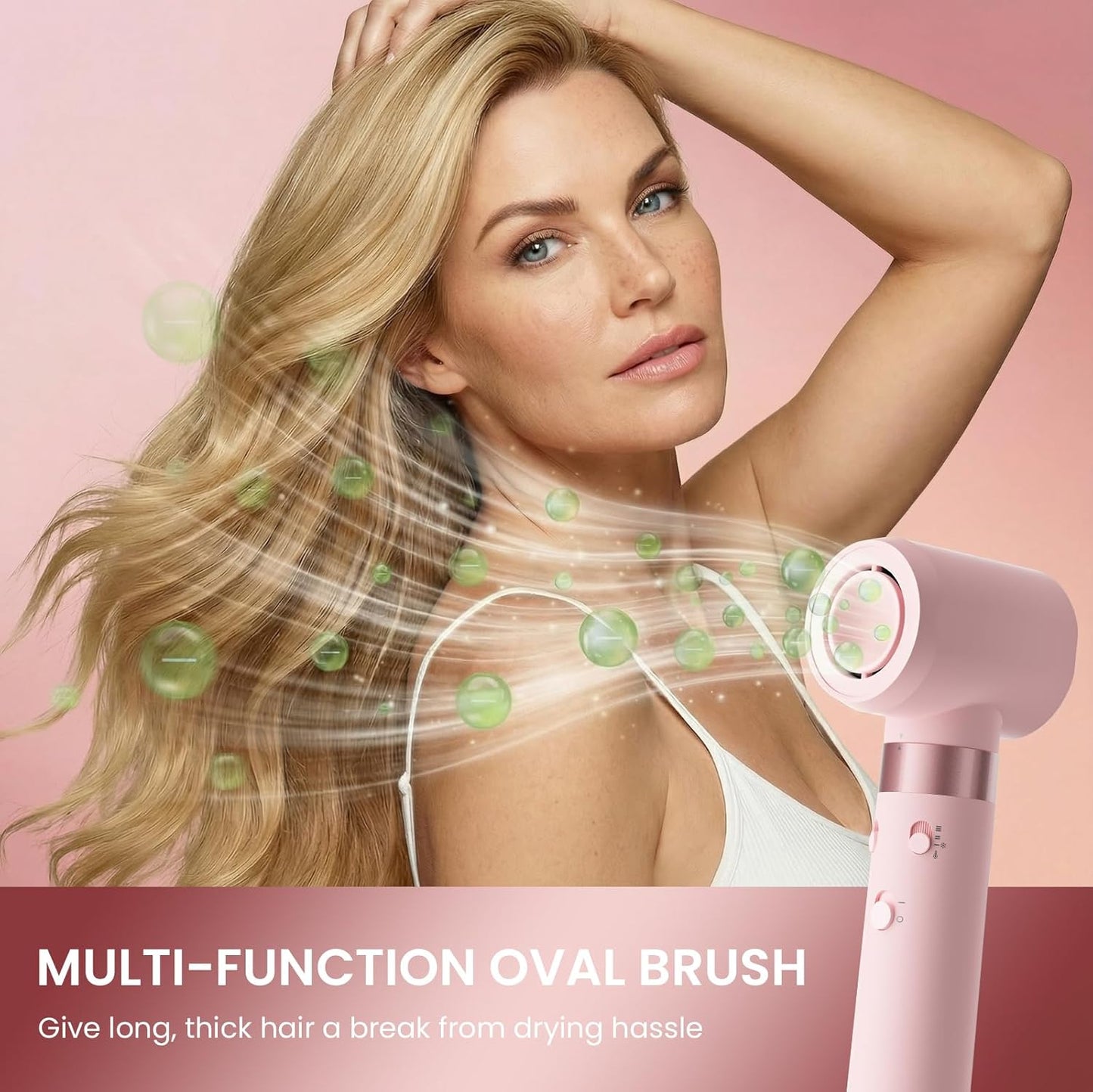 Dual Voltage Hair Dryer Brush - 5 in 1 Hot Air Styler with Auto Wrap Curlers | Fast Drying, Volumizing, Peach Pink