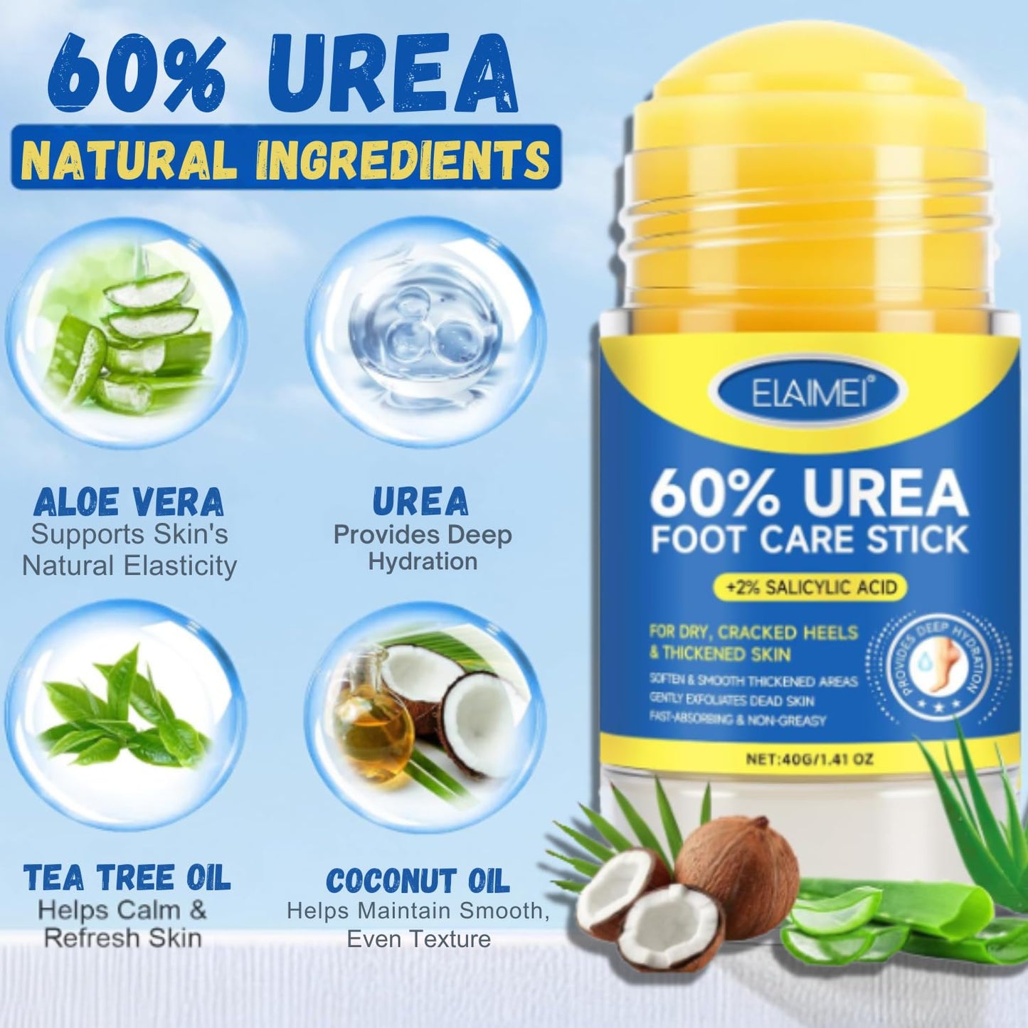 60% Urea Cream Stick with 2% Salicylic Acid, Maximum Strength Urea Foot Cream for Dry Cracked Heels & Feet, Callus Remover, Heel Balm, Fast Absorbing Moisturizer for Rough Hands, Knees & Elbows 1.41oz
