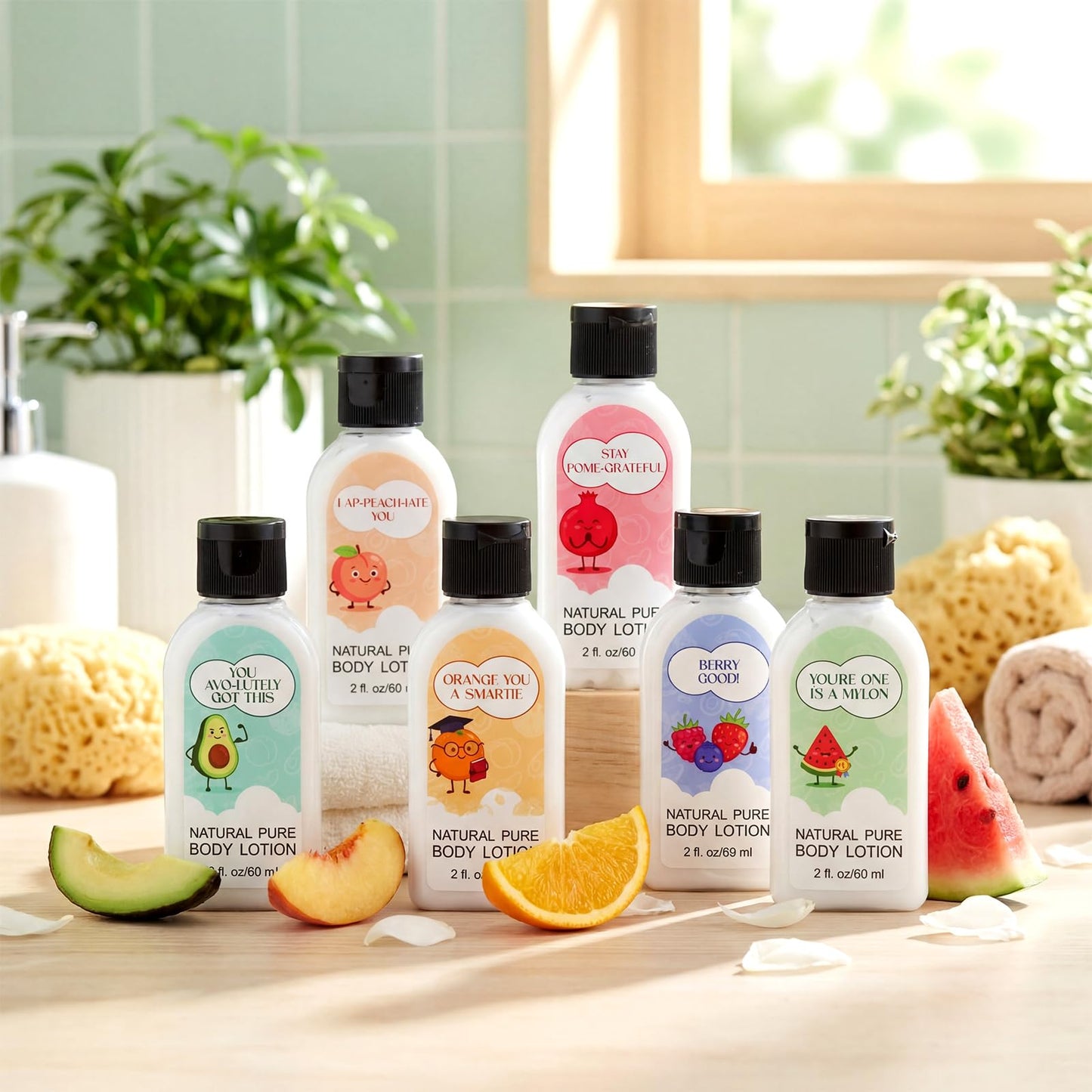 Dansib 12 Pack Fun Fruit Pun Body Lotion Gifts Set for Women Travel Size Fruit Fragrances Moisturizing Mini Body Cream Lotion for Thank You Mother's Day Teacher Week Nurse Week Gift Portable Skincare