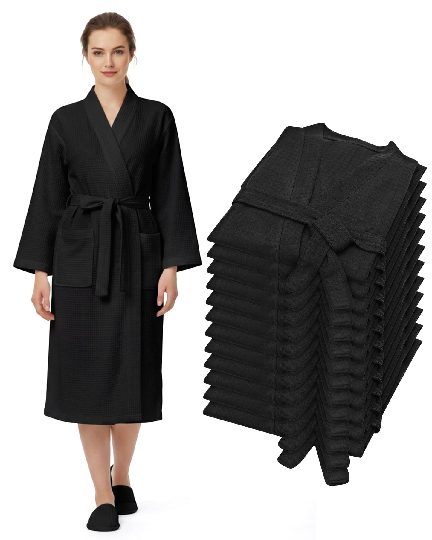 Panitay 12 Pcs Women's Waffle Knit Robes Thin Spa Bath Robe Bulk Hotel Lightweight Commercial Soft for House Shower Party(X-Large,Black)