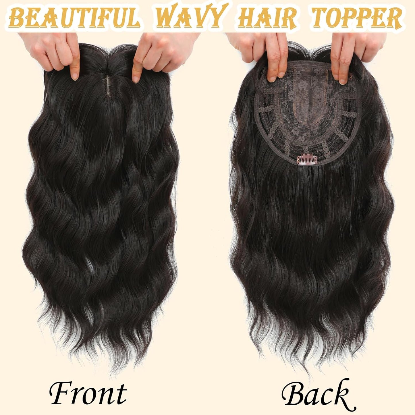 Hair Topper for Women - 16 Inch Synthetic Curly Wavy Clip-In with Wispy Bangs | Natural-Looking Volume (Dark Brown)
