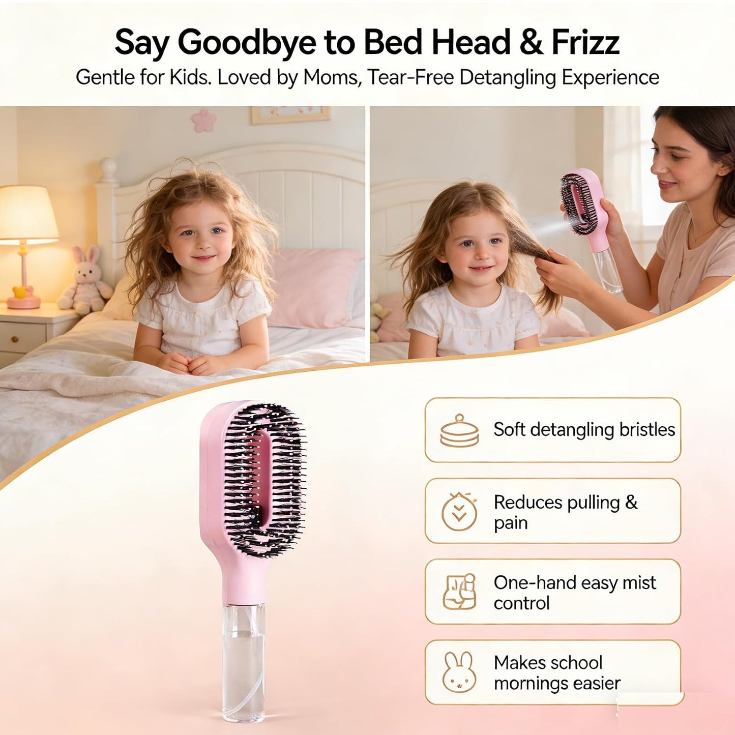 Hair Brush with Water Spray - 2-in-1 Detangling Tool for Frizz Control | Portable Mist Comb for Thick, Curly & Fine Hair - Green