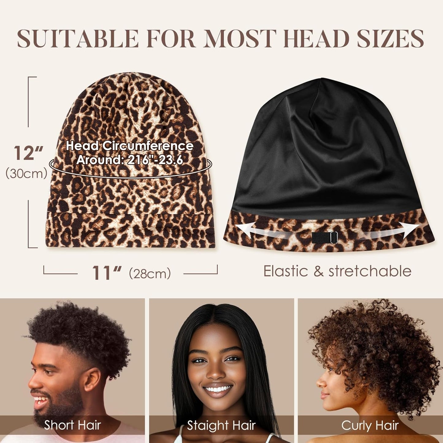 100% Mulberry Silk Bonnet for Sleeping - Adjustable Night Cap | Brown Leopard, Pack of 1