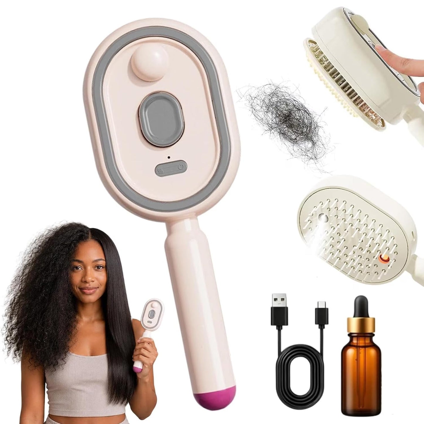 5 in 1 Air Cushion Hair Brush, Electric Spray Air Cushion Massage Comb, Rechargeable Mist Detangling Brush for Smooth, Anti-Static, Frizz-Reducing Hair Care (Pink)