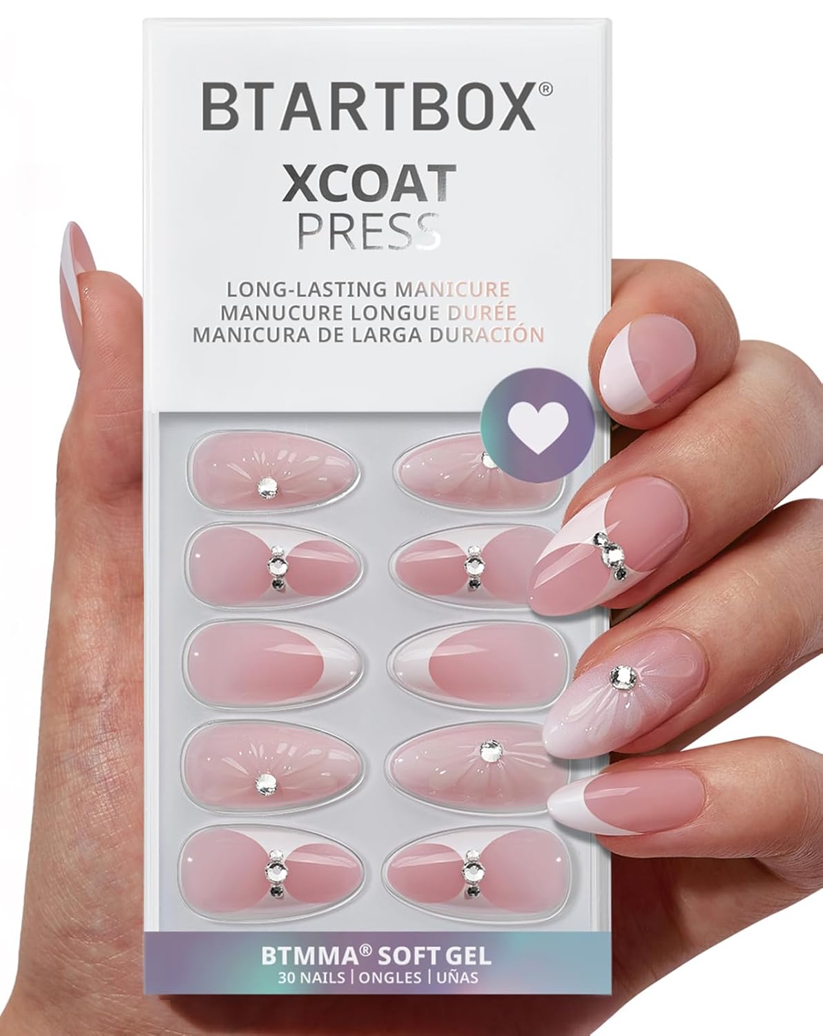 Press On Nails - 3D Butterfly French Tip Almond Design | Opaque Soft Gel, 16 Sizes, 32 Nail Kit