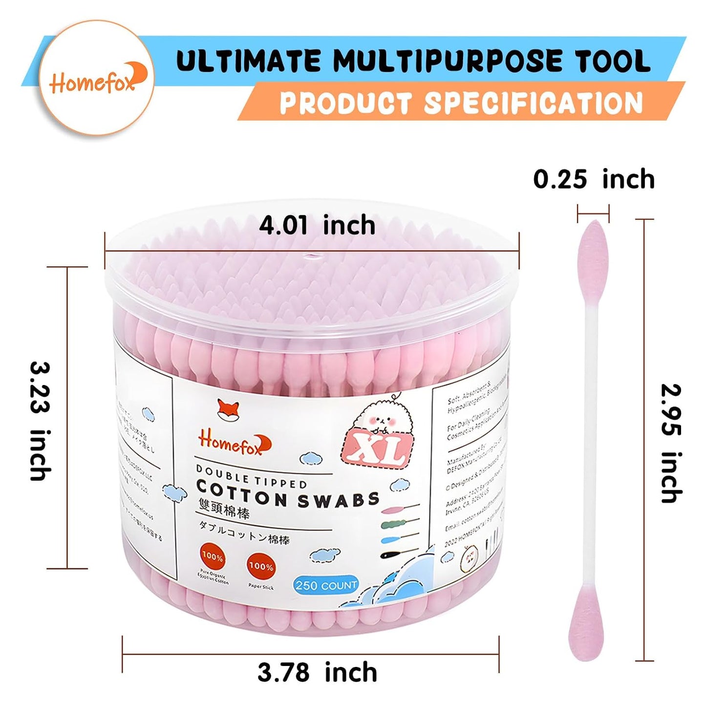 XL Pink Cotton Swabs - Pointed Precision Organic Buds | 250 Count Double-Sided Tips