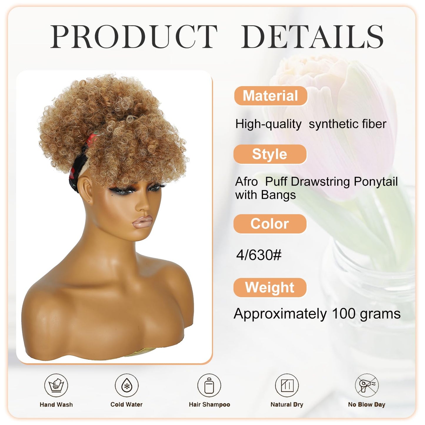 Afro Puff Drawstring Ponytail with Bangs,Short Caramel Brown Mix Blonde Kinky Curly Synthetic Pony Tails Extensions Drawstring Ponytail for Black Women Hair Bun Fluffy Updo for Daily Party Use 4/630