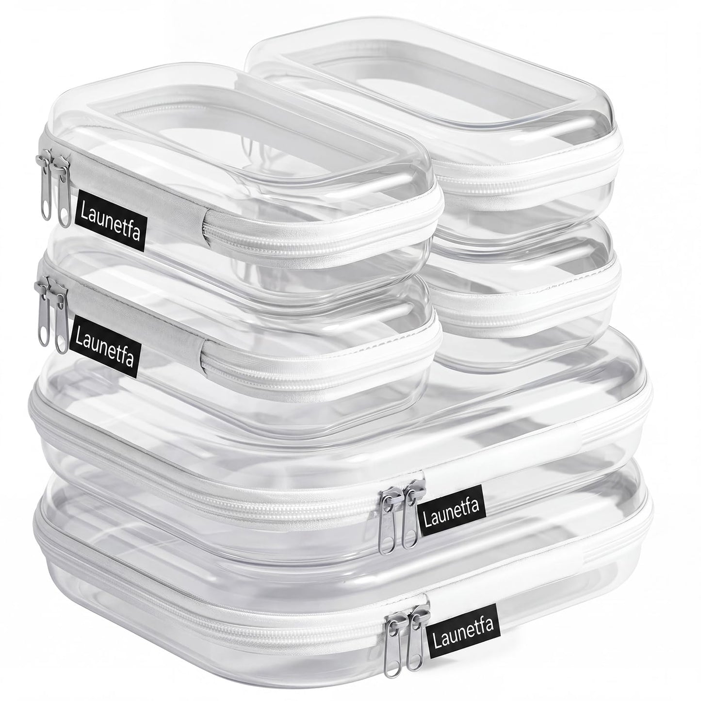 Launetfa 6 Pack Clear Hard Shell Zipper Case, 2 Medium 4 Small Hard Plastic Organizer Case for Travel, Skincare, Makeup, Electronics, Cables and Small Items, Clear Zipper Pouches