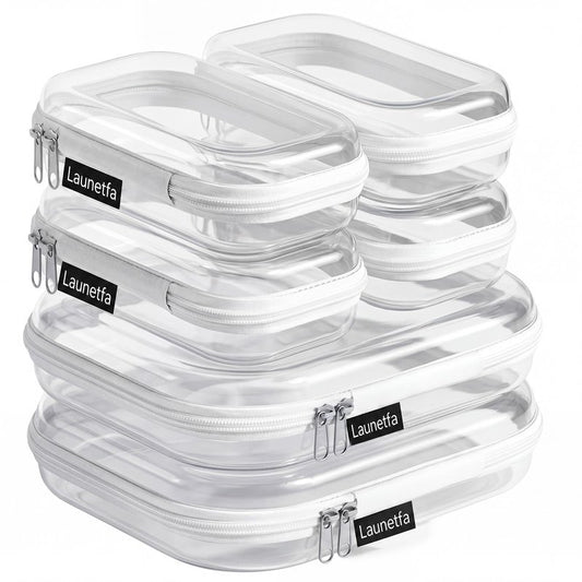 Launetfa 6 Pack Clear Hard Shell Zipper Case, 2 Medium 4 Small Hard Plastic Organizer Case for Travel, Skincare, Makeup, Electronics, Cables and Small Items, Clear Zipper Pouches