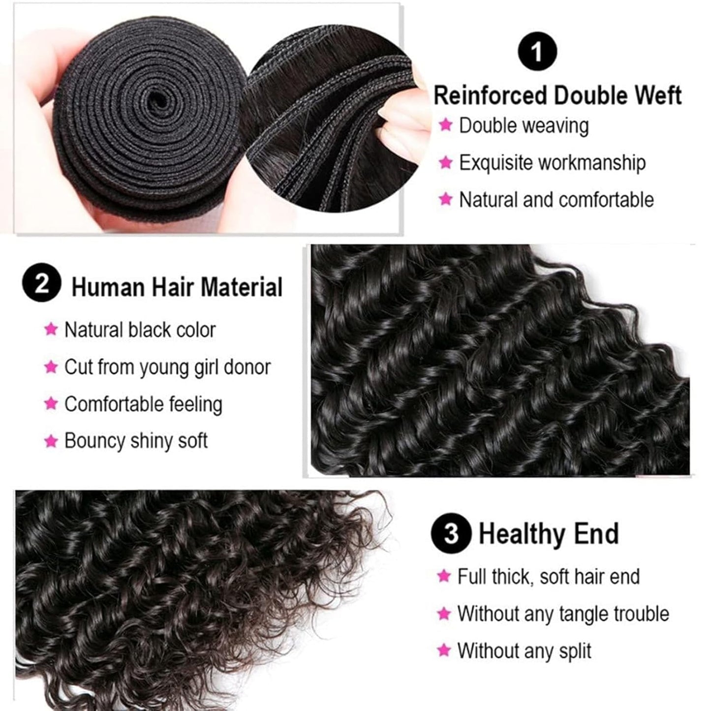 Human Hair Bundles Deep Wave Bundles Human Hair 14 16 18 Inch Brazilian Raw Curly Bundle Human Hair 3 Bundles for Black Women Wet and Wavy Weave Hair Extensions Natural Black