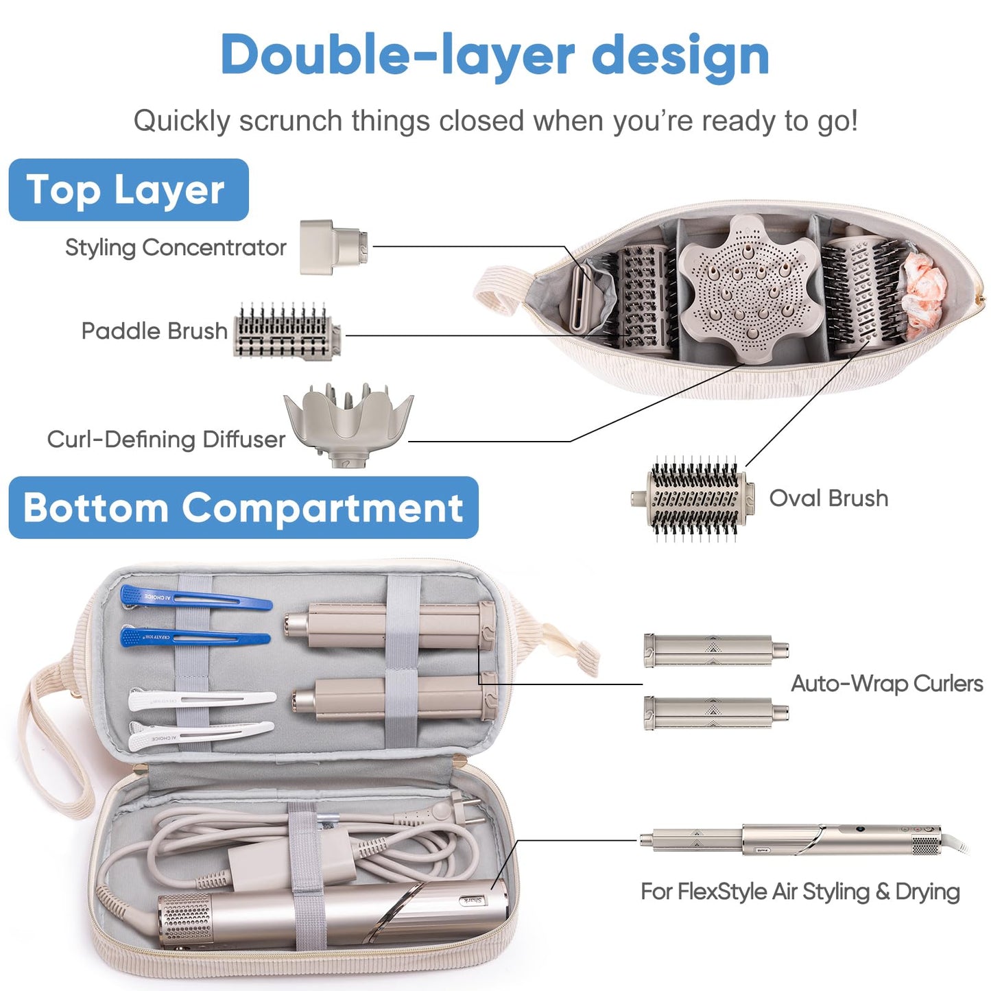 ELCUPA Initial Personalized Hair Dryer Case, Double-Layer Hair Tools Travel Carrying Case for Shark FlexStyle, Dyson Airwrap, and Supersonic Hair Dryer Attachments