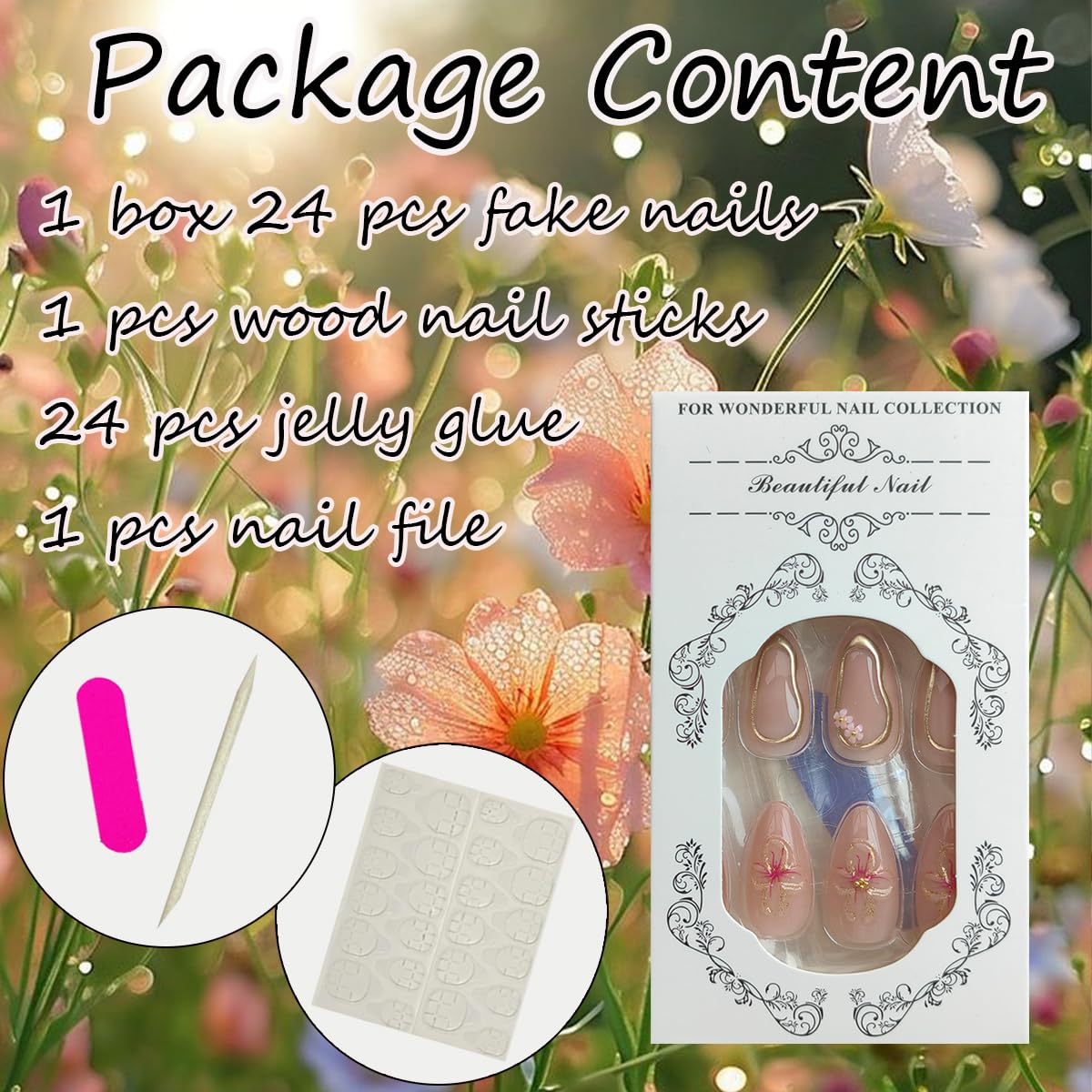 Spring Almond Press-On Nails - 24Pcs Short French Tip with 3D Flower Charms & Rhinestones | Flesh Pink Floral Stiletto Acrylic Nails