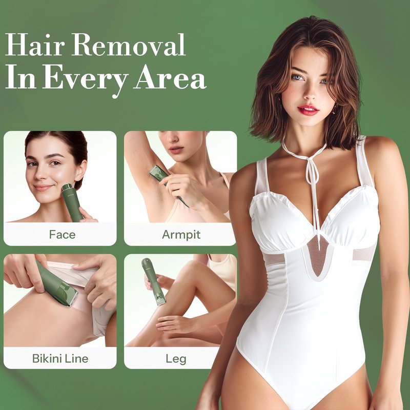 Flyant Bikini Trimmer for Women, 2 in 1 Electric Shaver for Women, Pubic Hair Trimmer Waterproof IPX7 with LED, Bikini Razor for Leg Arm Underarm Bikini Area, Pull Bows Gift Box for Friends - Green