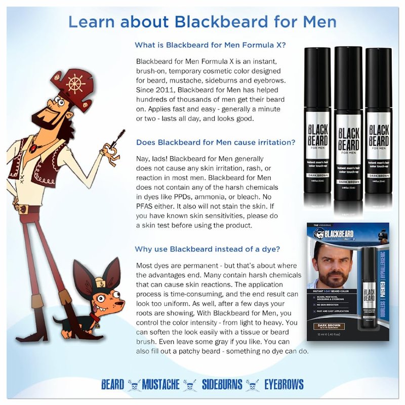 Blackbeard for Men Beard Color – 1-Day Beard, Mustache, Eyebrow, Sideburns Color – Temporary Facial Hair Tint - Hypoallergenic Beard Dye Alternative – Up to 45 applications – Black, 6 Pack