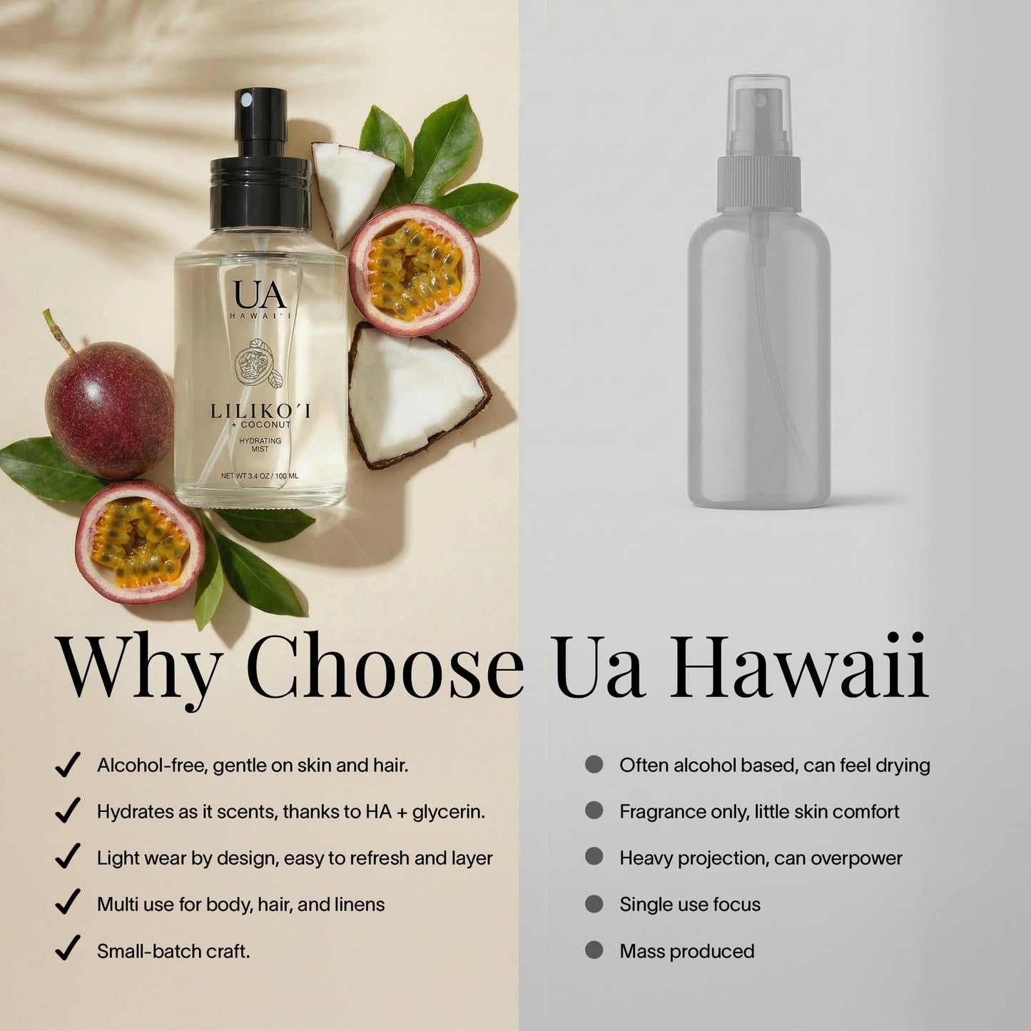 Lilikoi Coconut Body and Hair Mist from Hawaii, Hair Perfume for a Light, Hydrating Refresh, Body Mist for Women and Men, Alcohol-Free, With Moisturizing Hyaluronic Acid & Glycerin, 3.4 oz