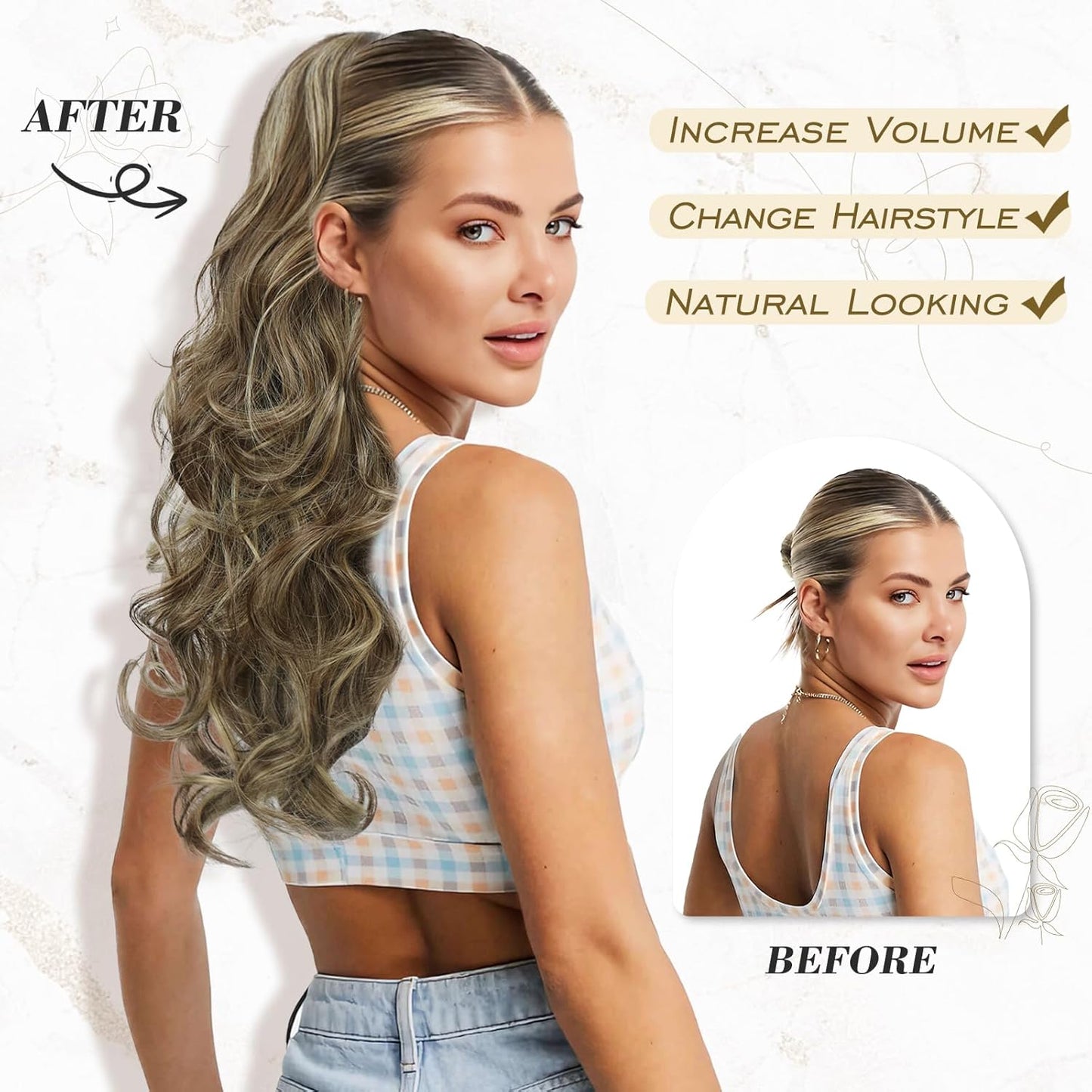 Highlight Ponytail Extension - 20 Inch Curly Wavy Drawstring Hairpiece | Ash Brown & Blonde
