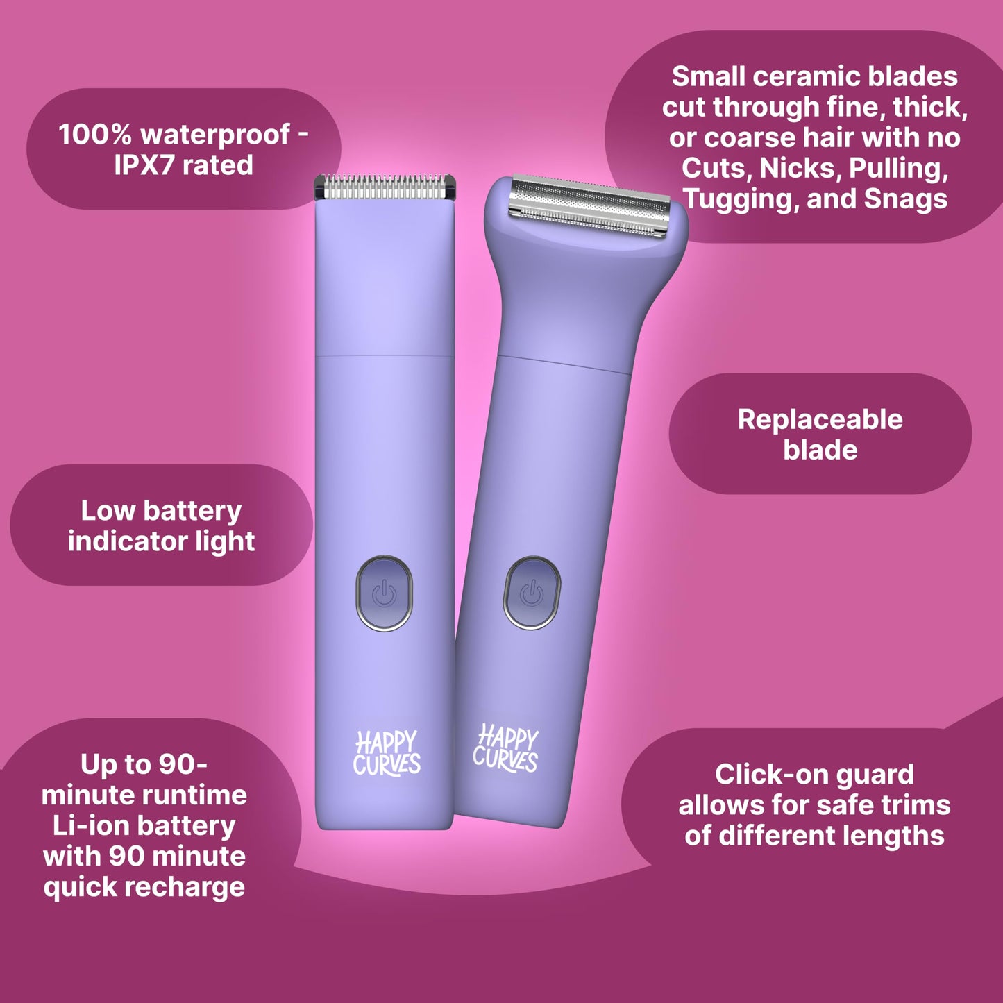 HAPPY CURVES Smoothie Bikini Trimmer - Electric Razor for Women, Waterproof Hair Groomer with Adjustable Guards, Personal Shaver for Pubic Hair, Ladies Intimate Shaver and Body Trimmer (Guava 1.0)