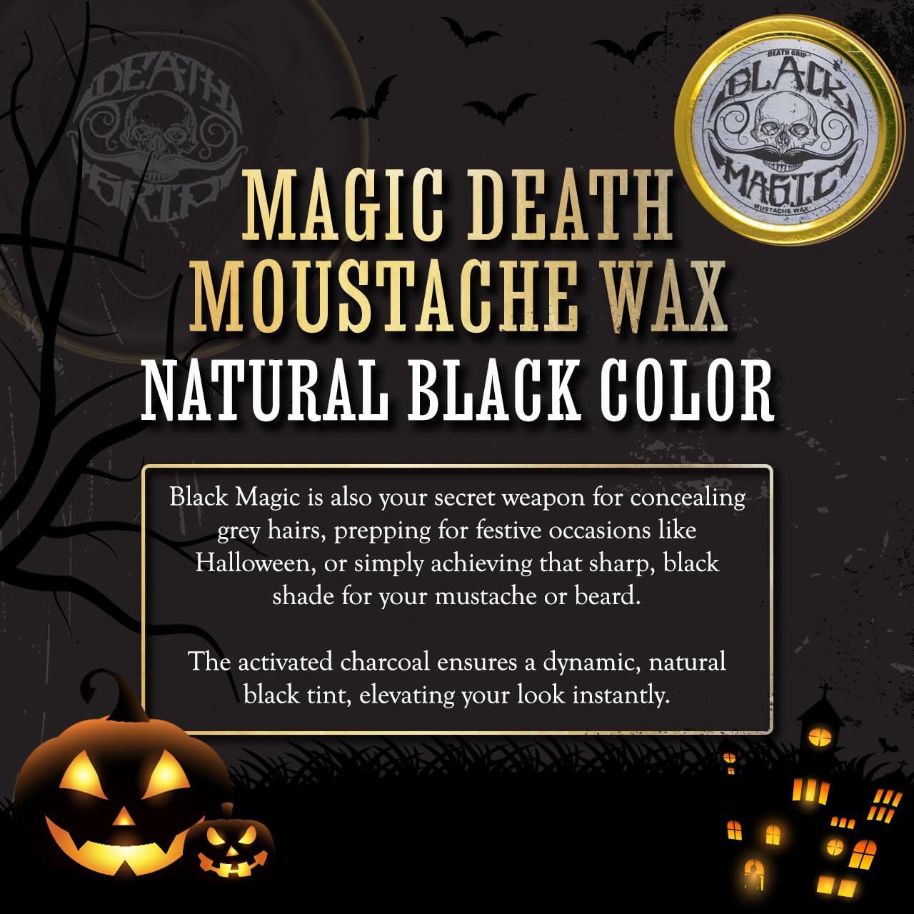 THE VINTAGE GROOMING CO. Black Mustache Wax | Black Magic Death Grip Moustache Wax | Hide Grey Hair In Beard Or Moustache | Extra Strong Hold Mustache Wax Unscented | 1 oz Tin Heat Source Required